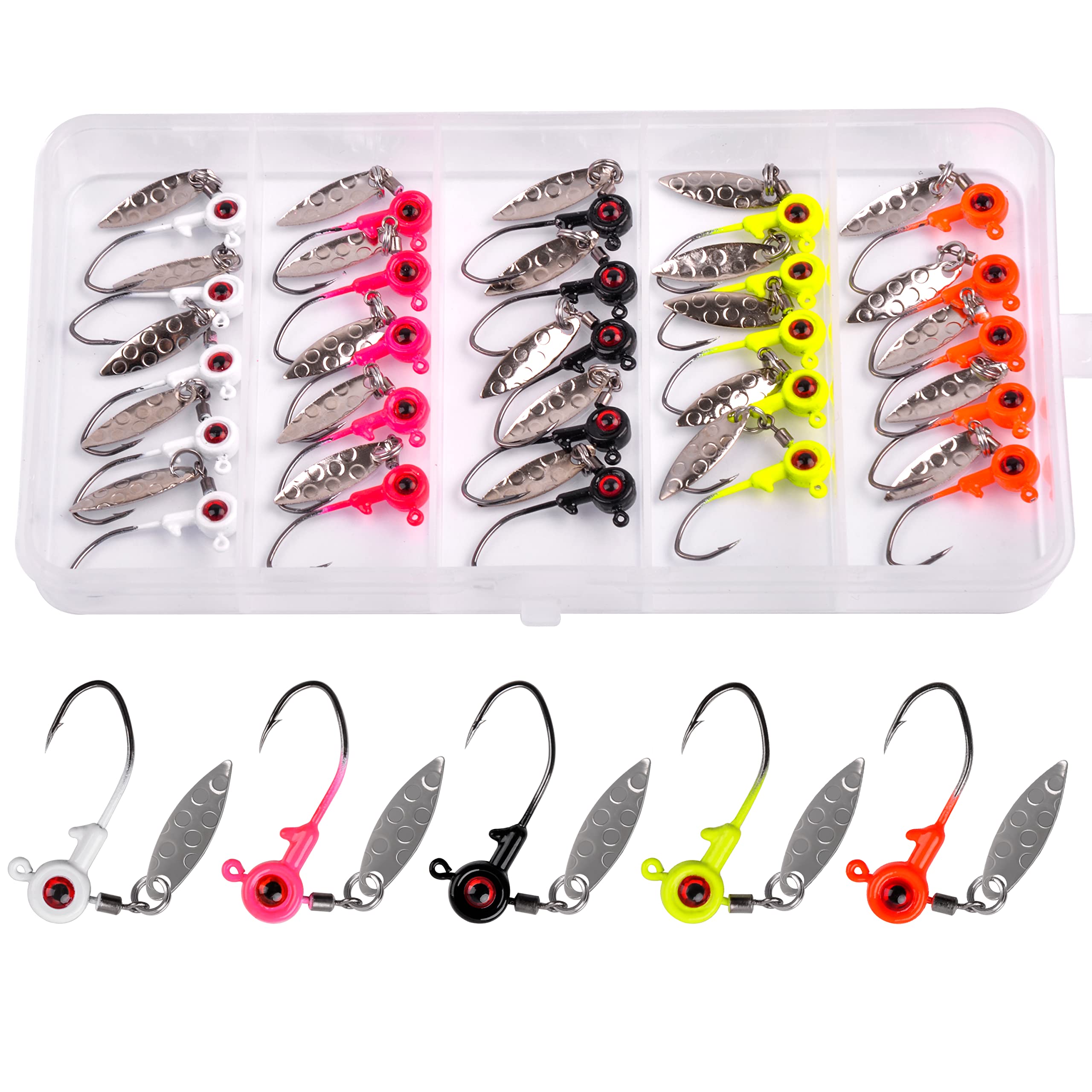 25PCS Crappie Fishing Jig Heads Kit with Spin Blades - 1/16oz, 1/8oz, 3/16oz Underspin Jigs for Bass, Trout & Panfish - Eye Ball Painted Spinner Fishing Jigs for Freshwater & Saltwater Angling