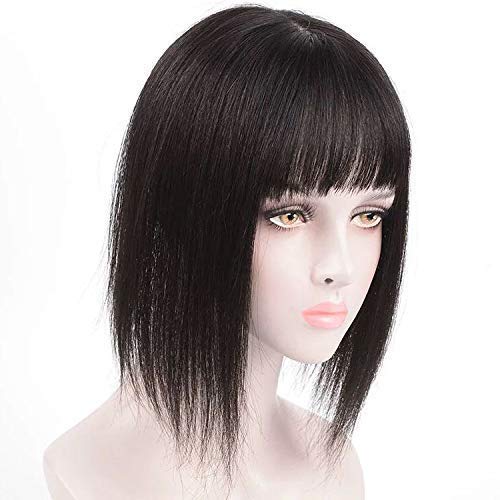 100% Real Human Hair Clip-in Straight Wiglet with Bangs for Women - 13x13cm Crown Topper (30cm/12inch, Natural Black) | Thinning Hair Solution for Daily Wear & Special Occasions