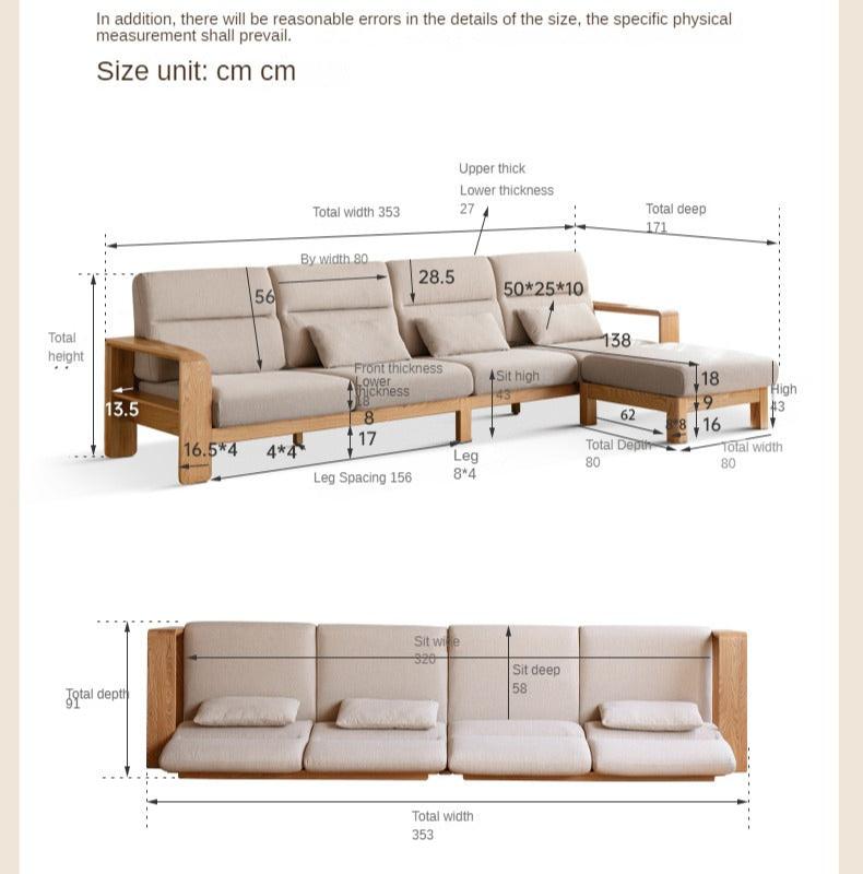 Oak Solid Wood Modern Log Style Corner Fabric Sofa - Rustic Cabin Furniture for Living Room, Lodge & Cozy Home Decor