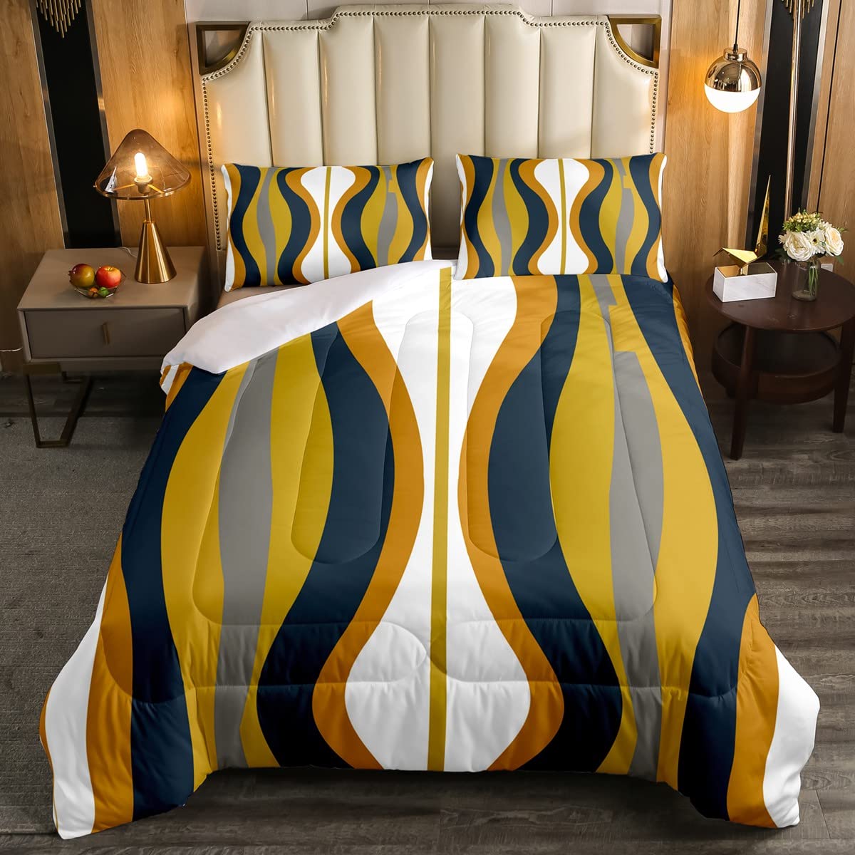 Retro Yellow Green Stripes Comforter Set Queen Size - Mid Century Modern Geometric Print Bedding with 2 Pillowcases | Soft Quilt Set for Bedroom Decor, Guest Room & Cozy Home Styling