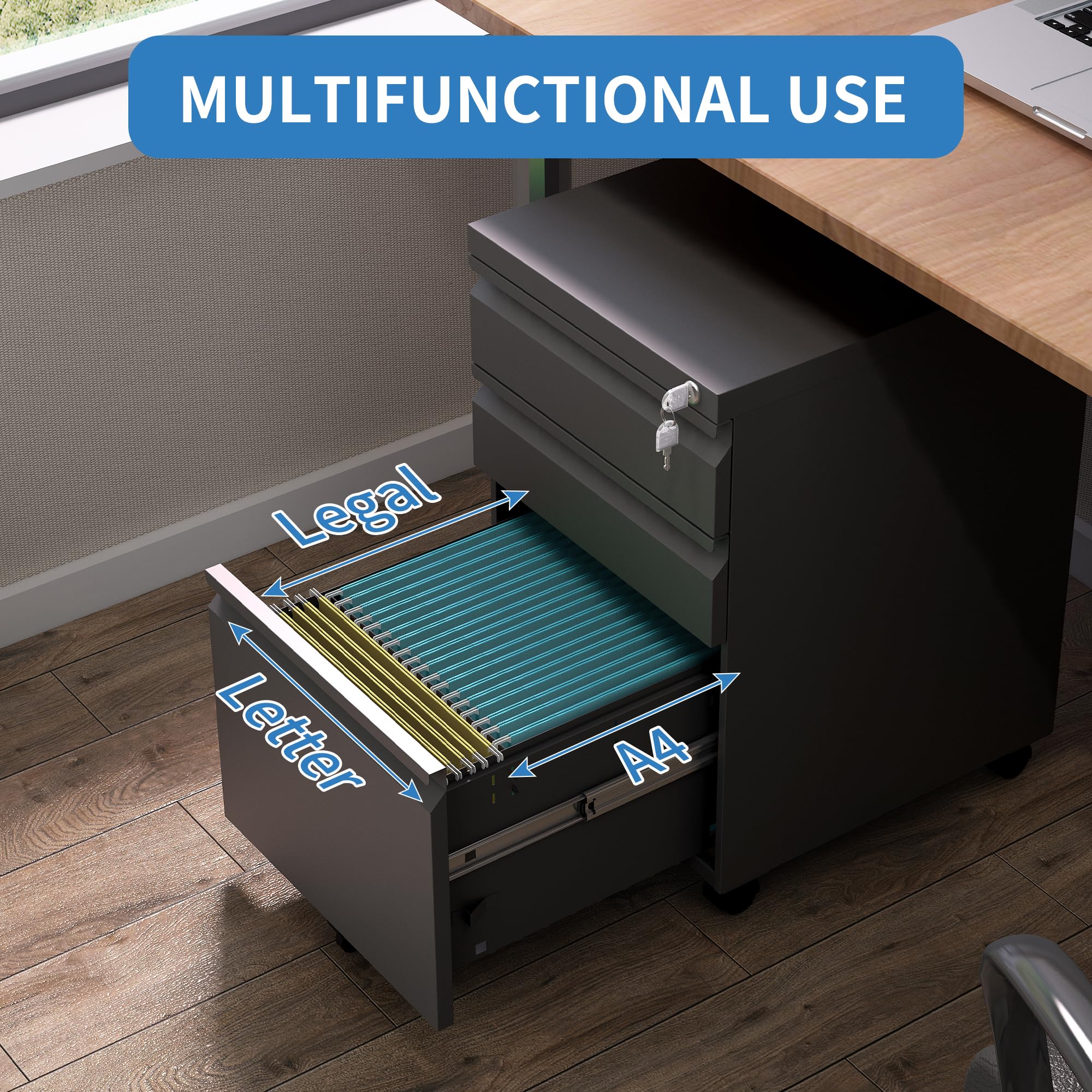 3 Drawer Mobile File Cabinet with Lock & Wheels - Metal Under Desk Rolling Storage for Legal/Letter Hanging Folders - Fully Assembled Black Home Office Organizer for Documents, Files & Supplies (Perfect for Small Spaces & Shared Workspaces)