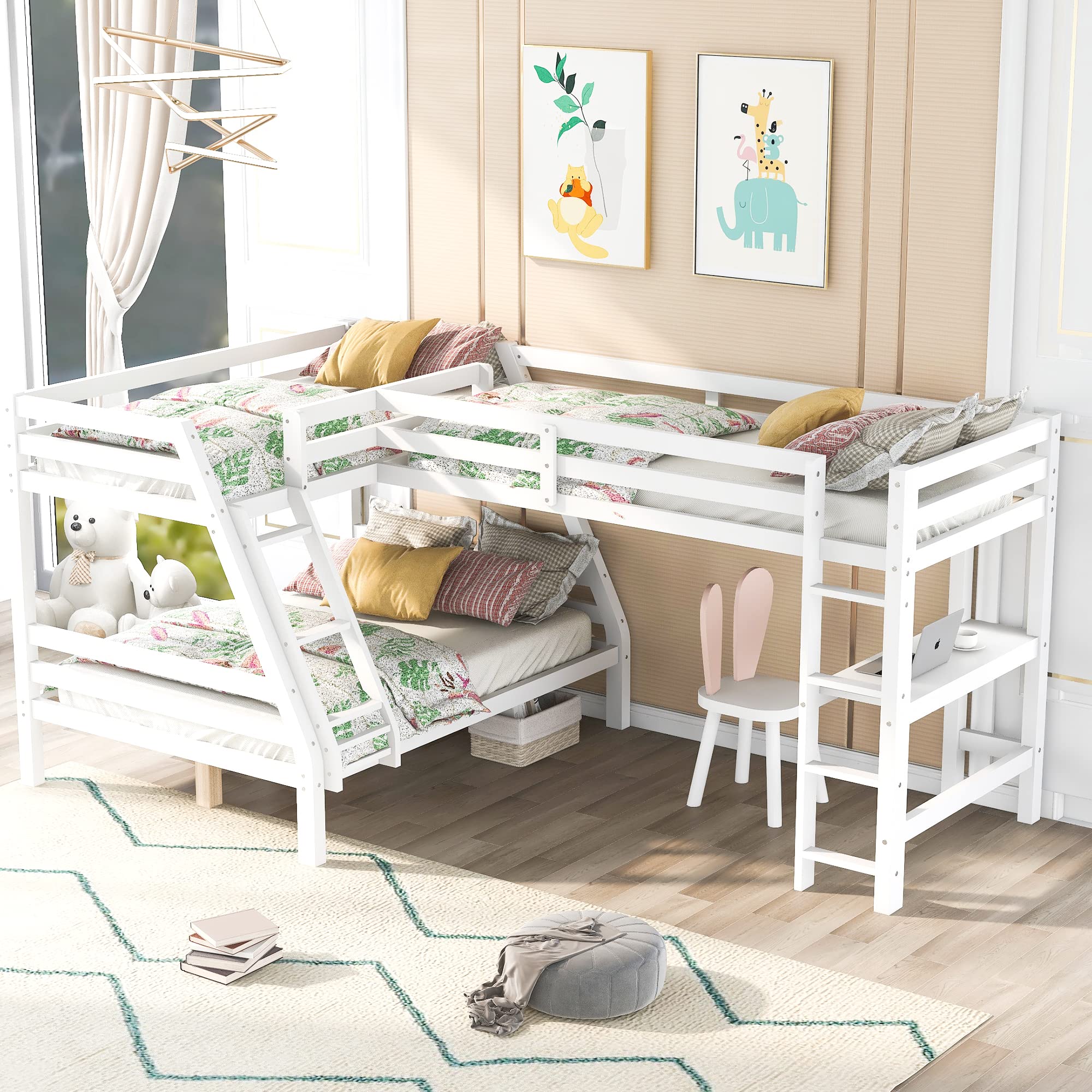 L-Shaped Triple Bunk Bed for 3 - Twin Over Full Bunk Bed with Twin Loft & Built-in Desk - Sturdy Wooden Bunk Bed Frame for Kids, Teens & Adults - White - Perfect for Small Rooms, Shared Kids' Bedrooms & Space-Saving Solutions