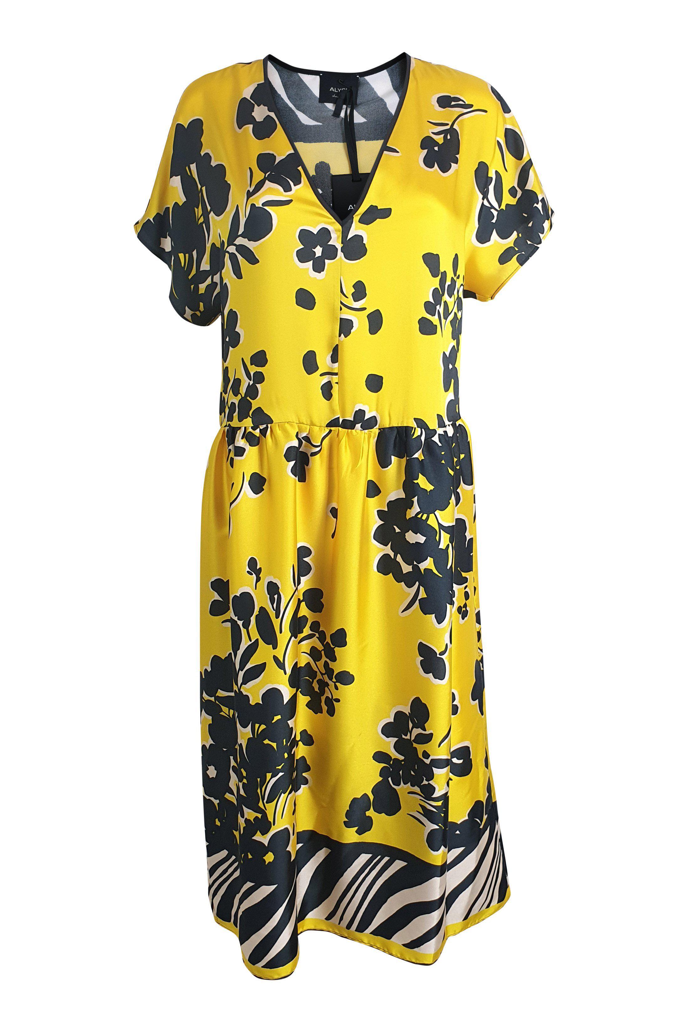 ALYSI CHOCOLAT Women's Yellow Short Sleeve Floral Print Midi Dress - Size IT 44 (US 12) | Summer Casual Dress for Beach, Party & Vacation Outfits