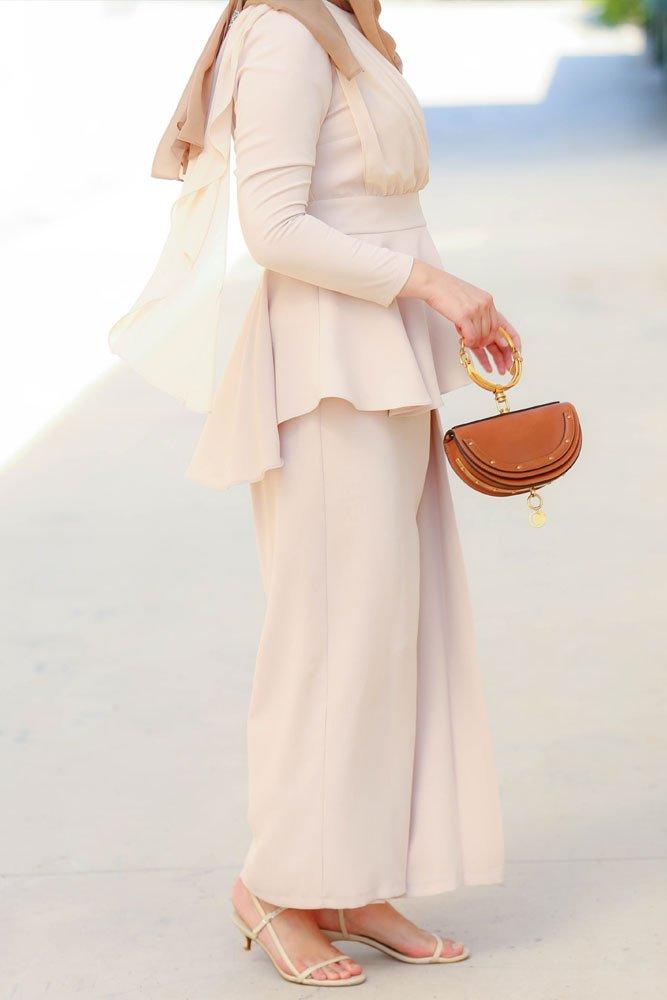 Stylish Beige Peplum Top & Skirt Set for Women | Trendy Casual Outfit for Work, Date Night & Summer Fashion
