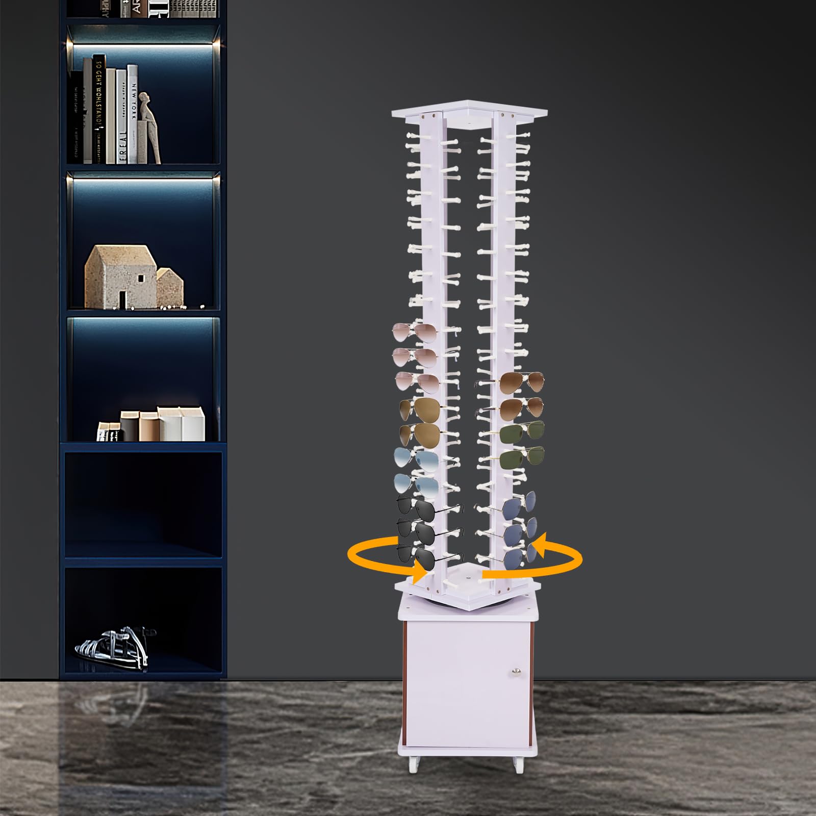 360° Rotating Glasses Storage Display Stand with Cabinet & Wheels - Purple Sunglasses Retail Floor Display Organizer Holds 72 Pairs - Perfect for Eyewear Stores, Boutiques & Optical Shops