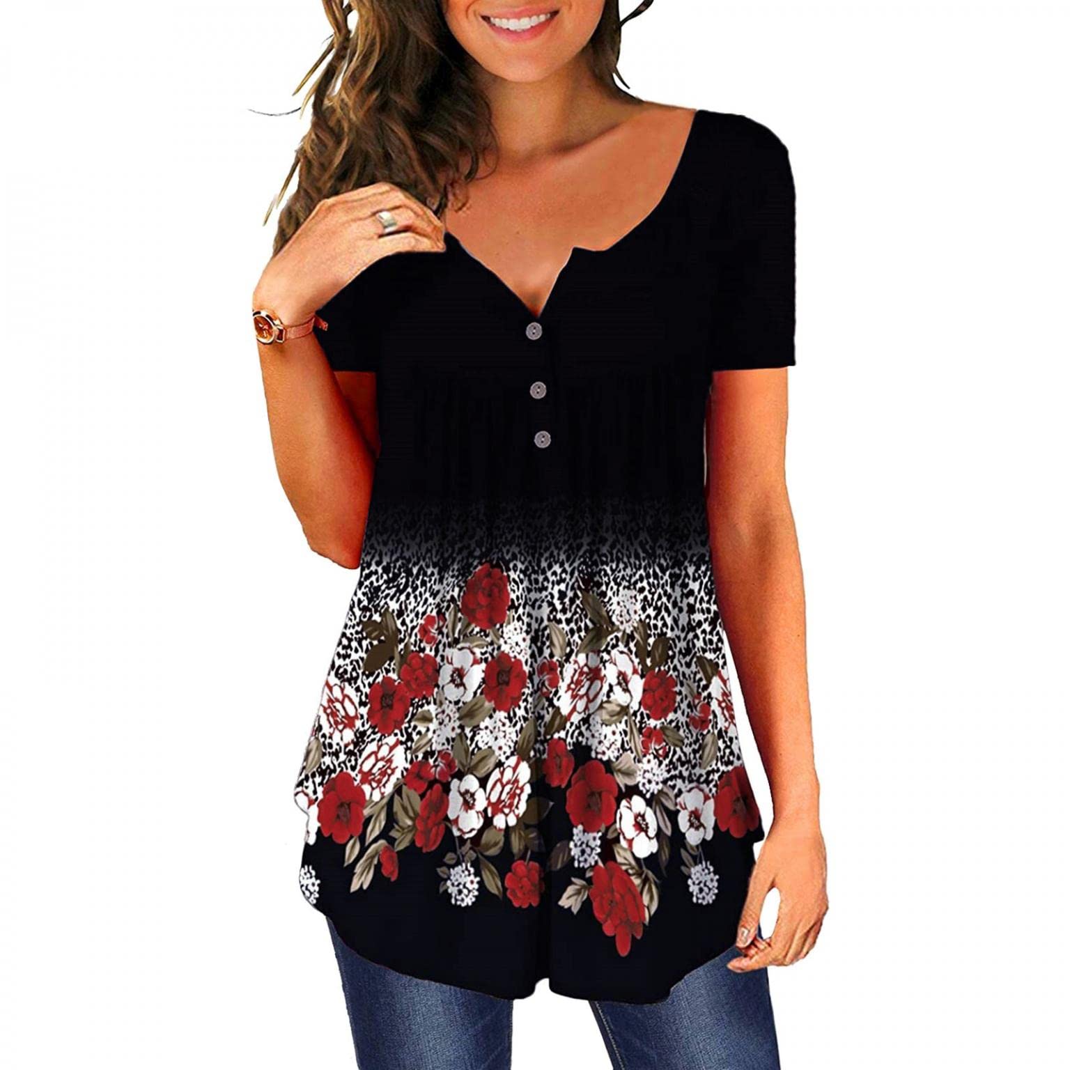 Women's Fashion V-Neck Soft T-Shirts - Flowy Pleated Tunic Tops with Button Up Detail | Short Sleeve Summer Blouses for Casual Wear, Office & Outings