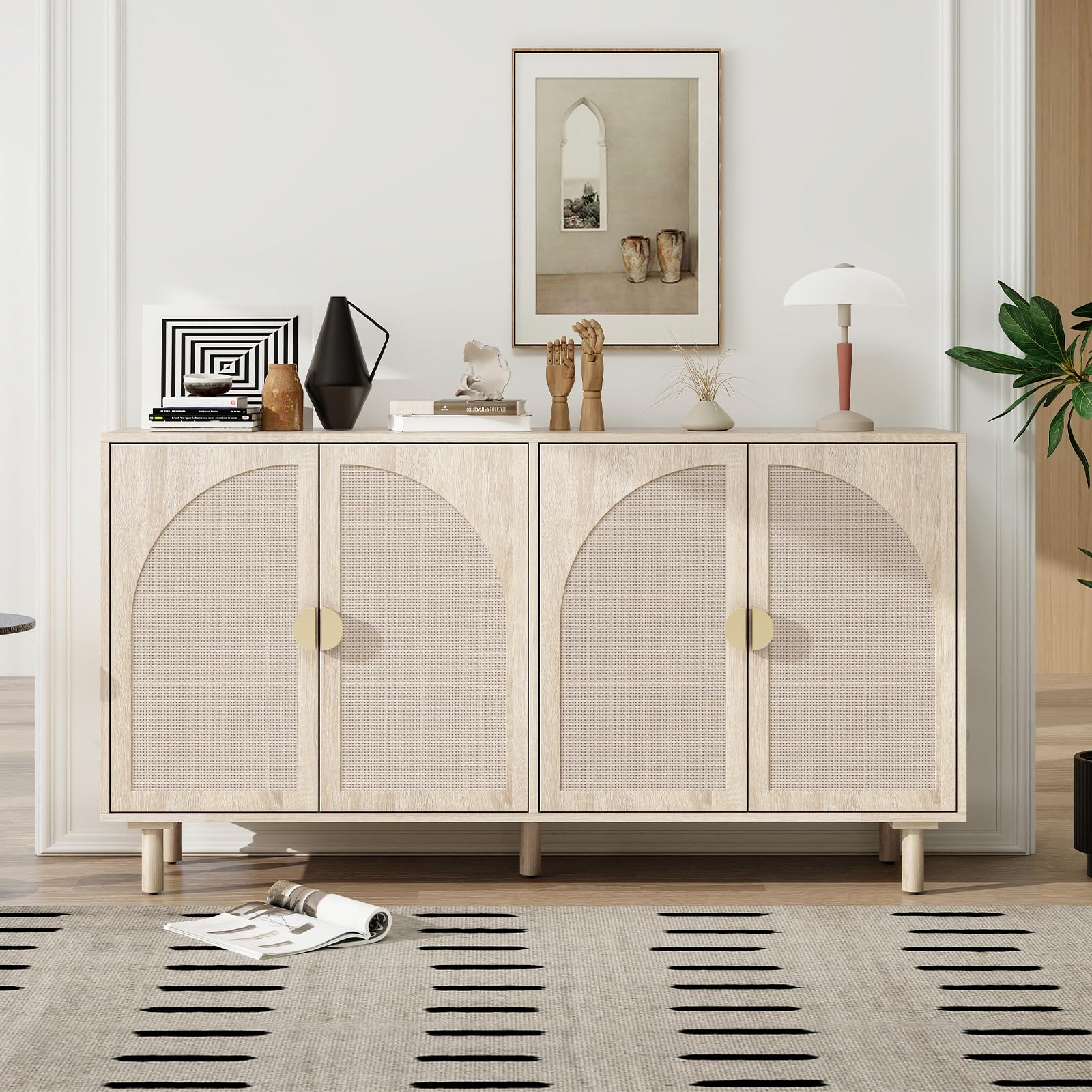 Modern Rattan Sideboard Buffet Cabinet with 4 Doors & 2 Adjustable Shelves - Boho Storage Cabinet for Living Room, Kitchen, Dining Room - Natural Woven Accent Console for Home Organization & Decor