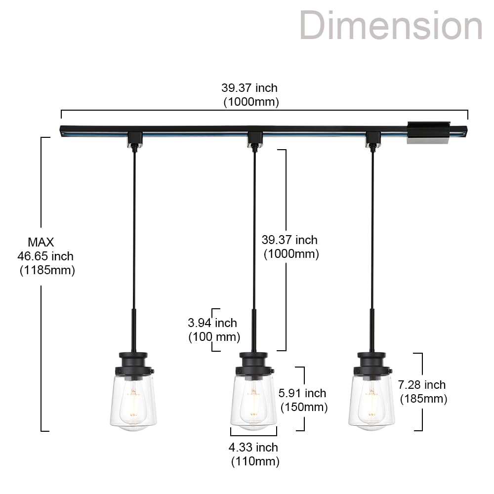 VINLUZ 3 Pack Black H-Type Track Pendant Lighting Fixtures - 40 Inch Track Lighting Rail with H Track Floating Canopy Connector - Clear Glass Shade Ceiling Lights for Living Room, Kitchen, Dining Room, and Bedroom