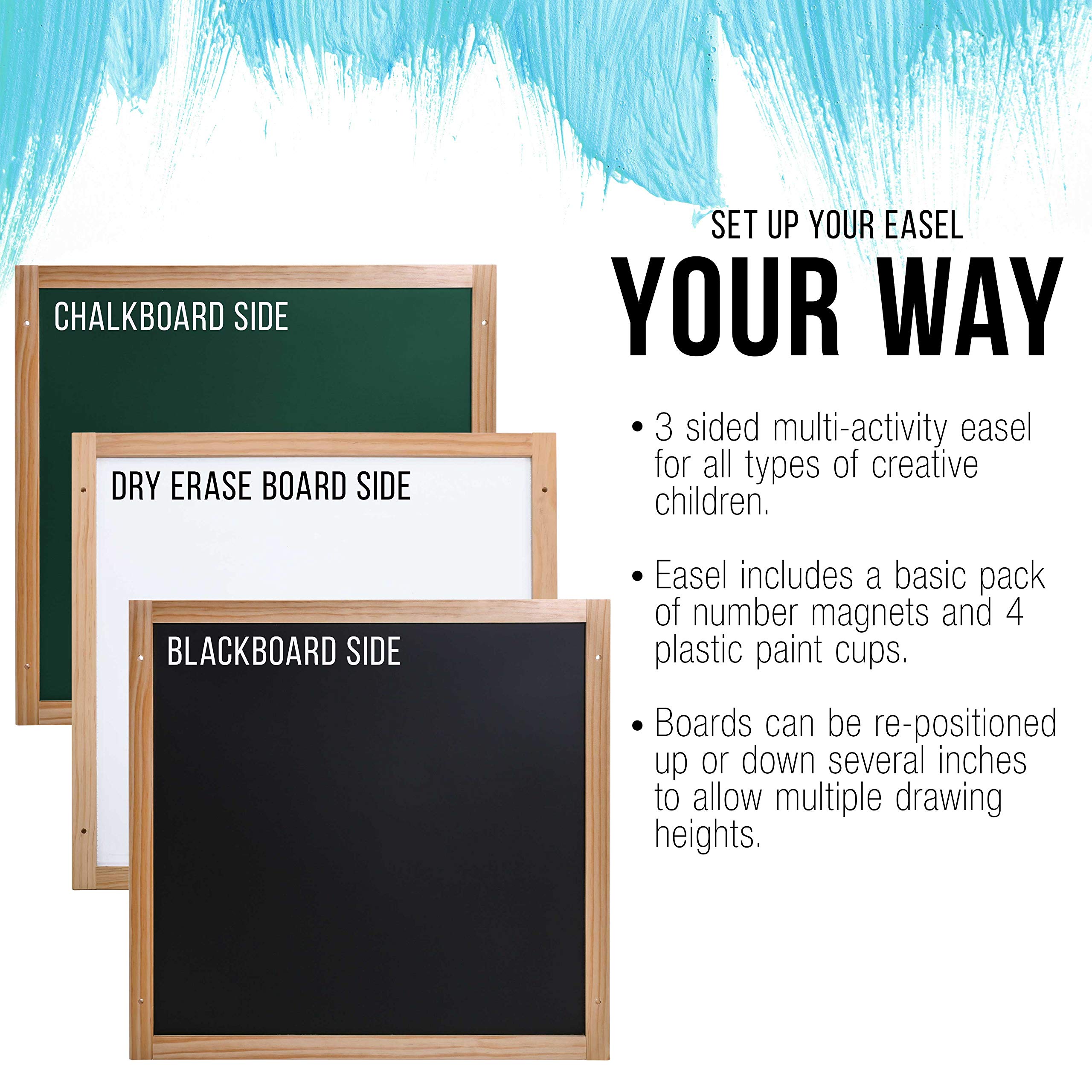 U.S. Art Supply Kids 3-Sided Adjustable Art Easel with Chalkboard, Large Paper Roll, Storage Shelf & Paint Cups - Perfect for Classroom, Homeschool & Creative Play