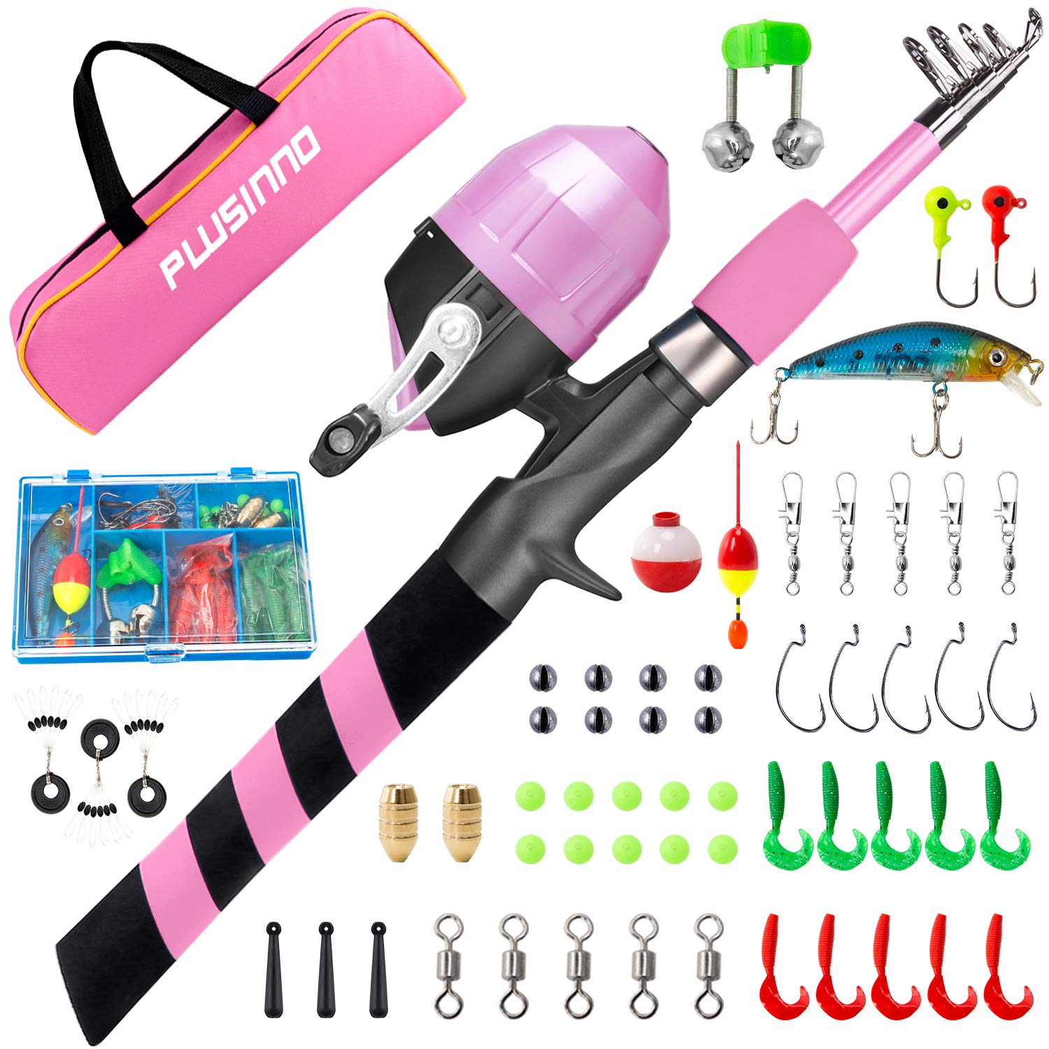 PLUSINNO Kids Fishing Pole - Telescopic Fishing Rod and Reel Combo Kit with Tackle Box | Portable Spincast Fishing Gear for Boys, Girls & Youth | Perfect for Outdoor Adventures, Camping & Family Fishing Trips