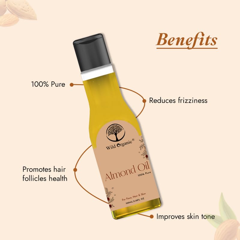Organic Almond Oil for Hair & Skin - 100% Pure, Cold Pressed, 100ml - Perfect for Hair Growth, Moisturizing & Massage | Ideal for DIY Beauty & Aromatherapy