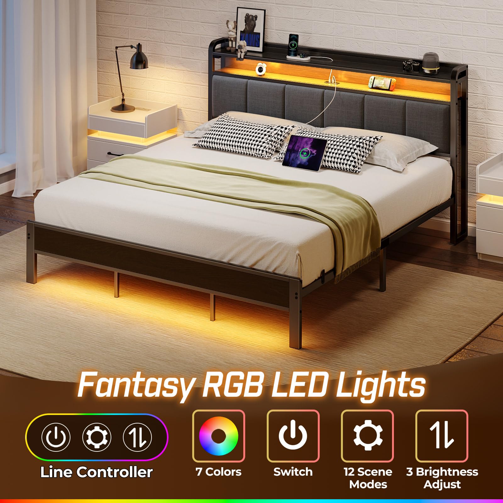 Rolanstar King Size Bed Frame with USB Charging Station & LED Lights, Upholstered Storage Headboard, Heavy Duty Metal Slats - No Box Spring Needed, Quiet & Easy Assembly, Dark Grey - Perfect for Modern Bedrooms, Guest Rooms & Small Spaces