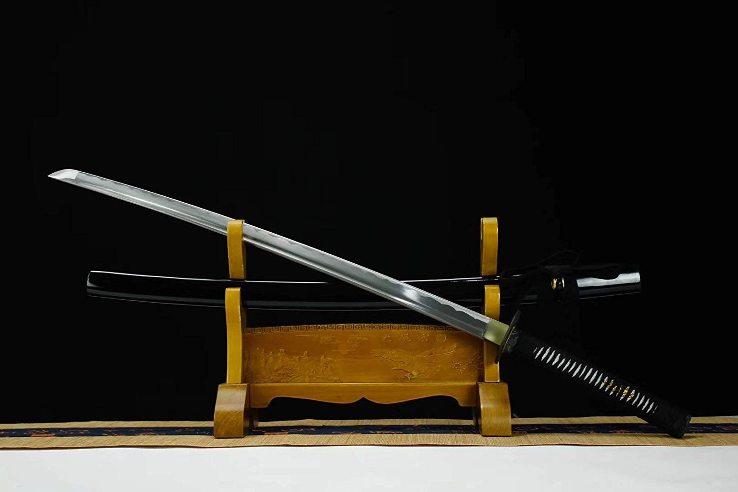 Authentic Hand Forged Japanese Katana Sword - Medium Carbon Steel Blade with Black Alloy Saya - Full Tang Samurai Sword for Kendo, Martial Arts Training & Collectors Display