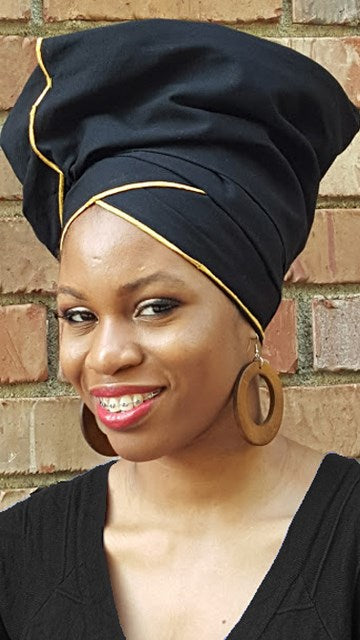 Elegant Black Cotton Head Wrap with Gold Trim - Premium Hair Accessory for Women | Perfect for Sleep, Workouts, and Styling (DP3776H)