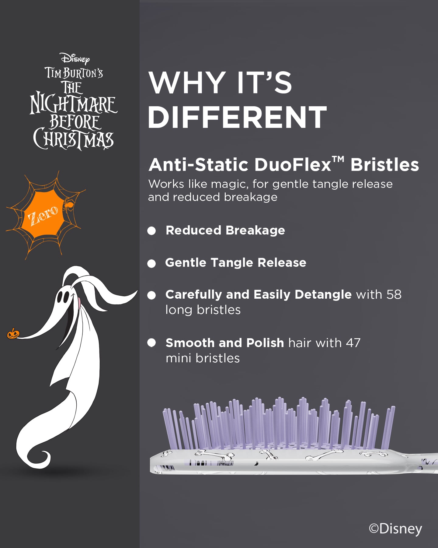 Disney The Nightmare Before Christmas Detangling Brush - Zero Tangle Hair Brush for Kids & Adults - Perfect for Curly, Thick, and Wet Hair Styling at Home or Travel