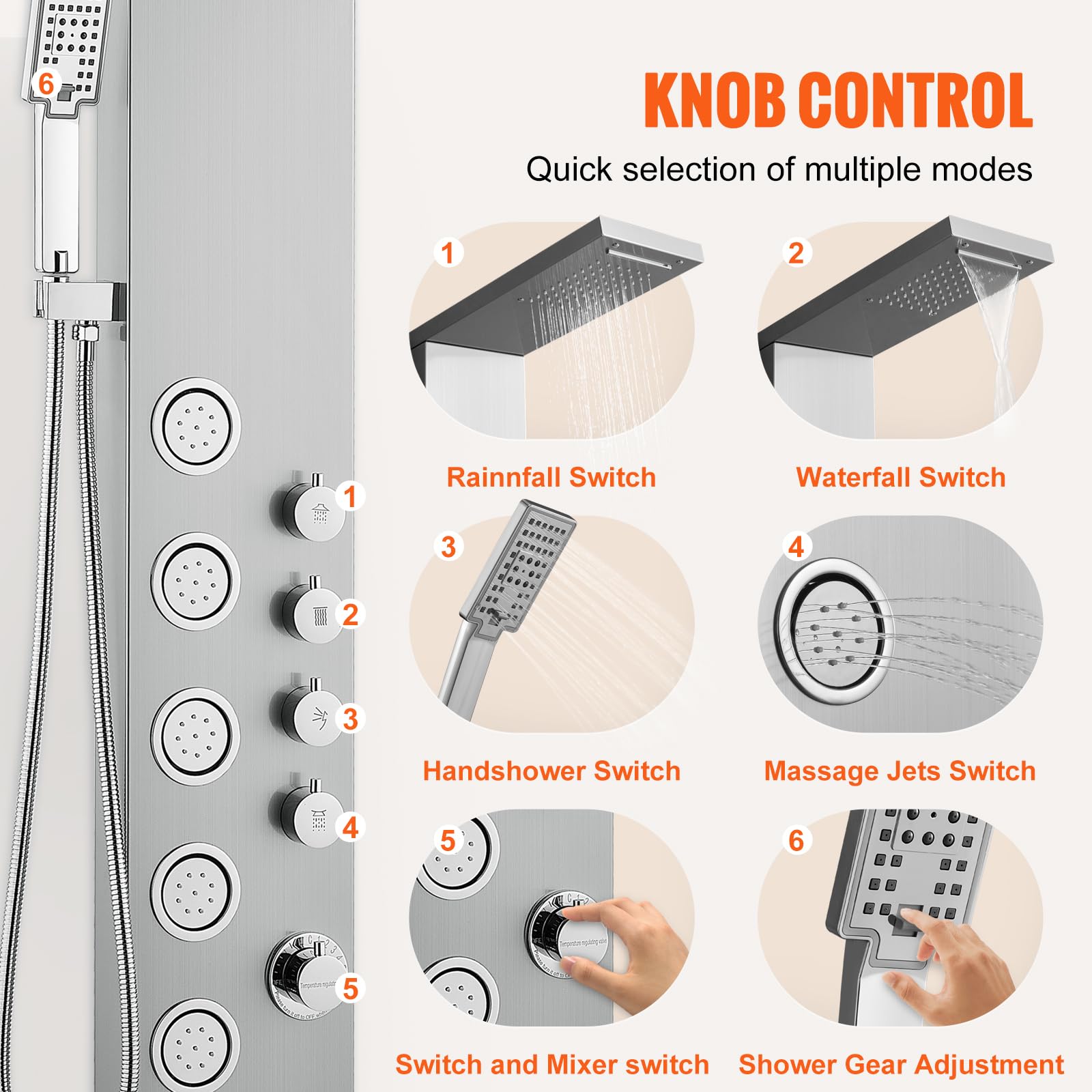 VEVOR Stainless Steel Shower Tower System - 4 Modes (Rainfall, Waterfall, Massage Jets) with 3-Setting Handheld Shower Head & 59