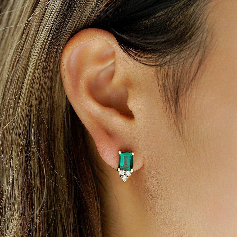 4 Carat Emerald Cut Green Emerald Stud Earrings with Trio Moissanite Diamonds - Elegant Wedding, Anniversary & Evening Party Jewelry Gift for Women