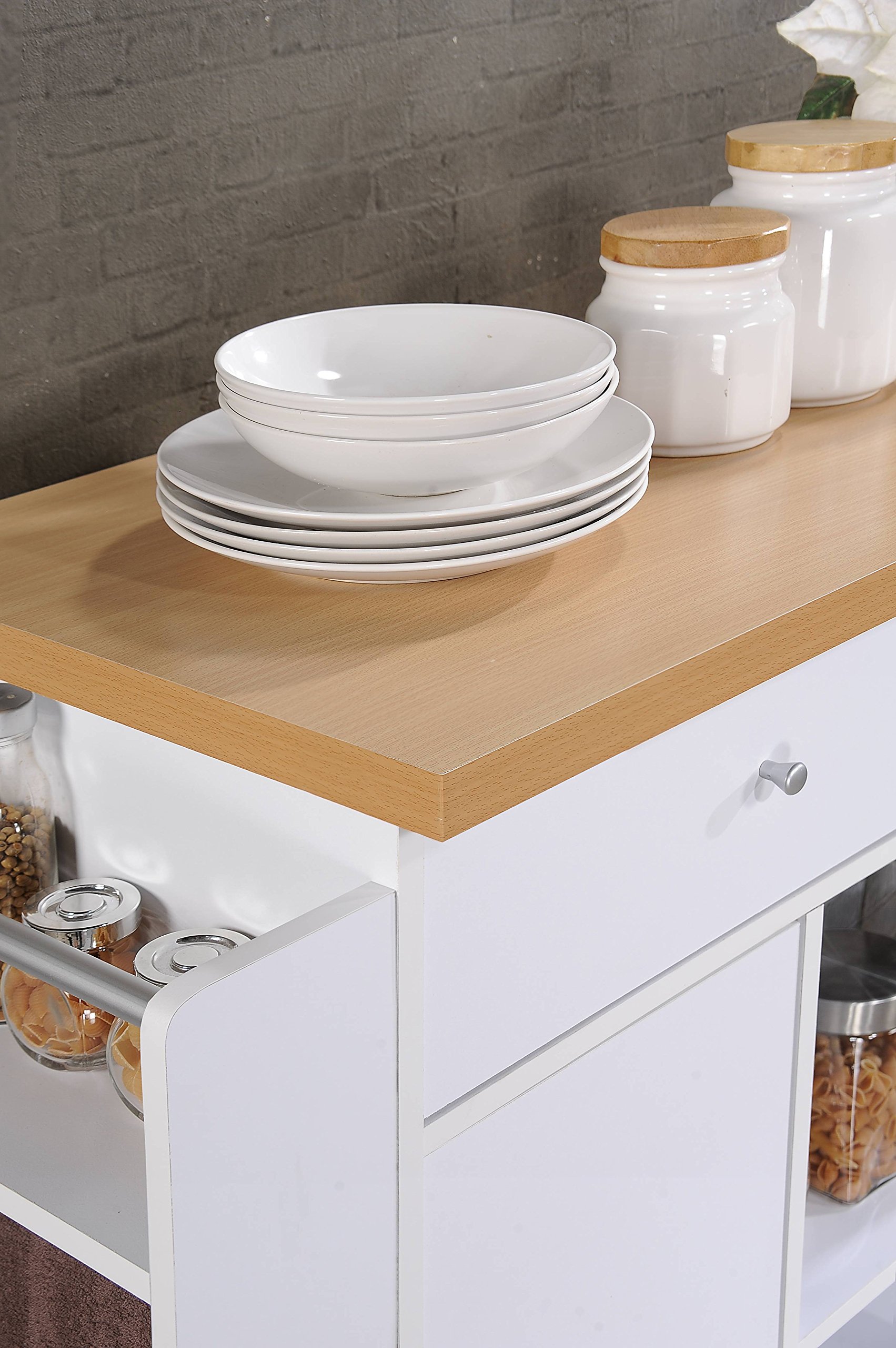 Hodedah Import Kitchen Island with Spice Rack & Towel Rack - White Wooden Storage Cabinet for Small Spaces, Perfect for Apartments and Compact Kitchens