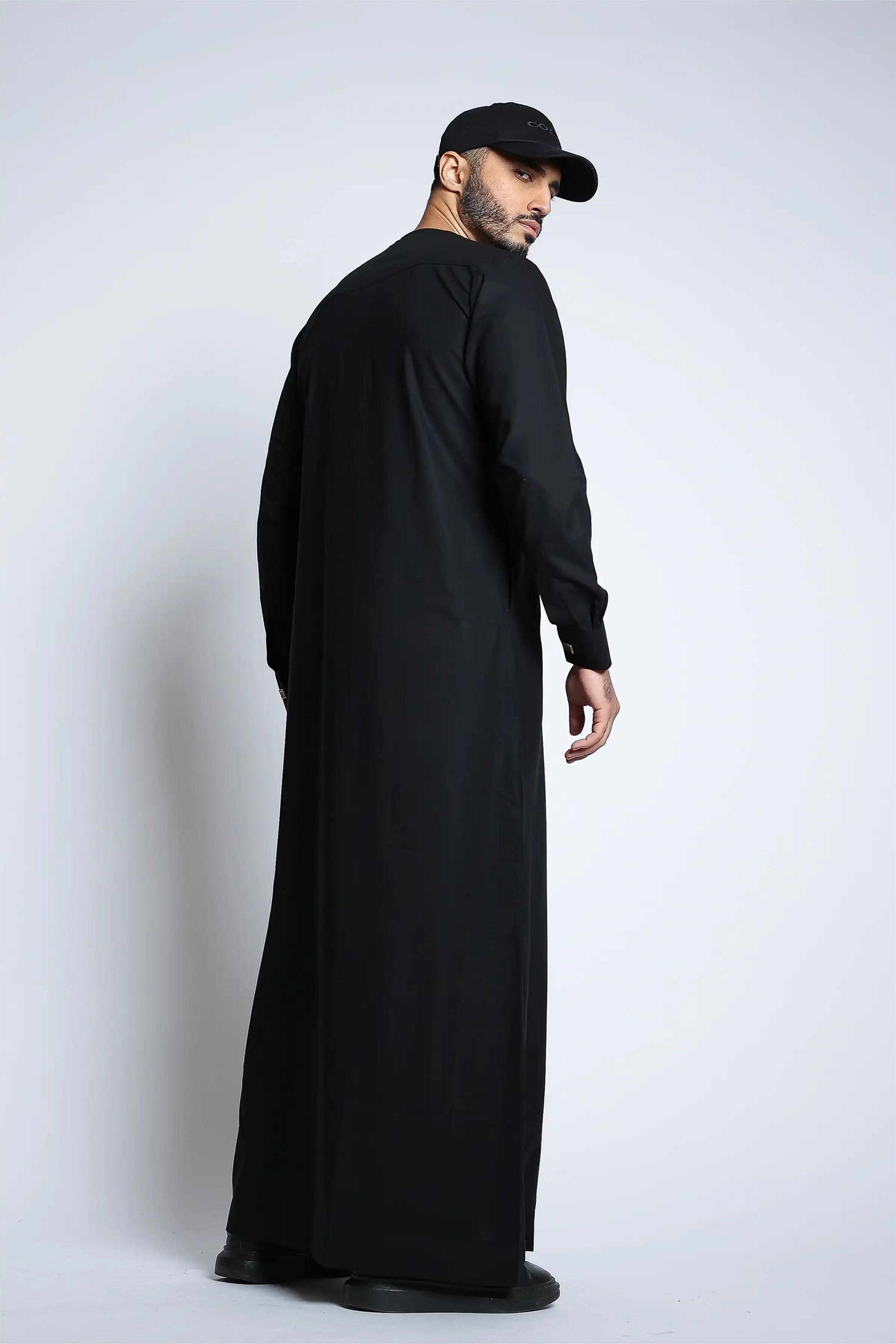 J108 Black & Gold Buckle Kids Thobe - Traditional Arabic Dress for Boys - Perfect for Eid, Weddings & Special Occasions