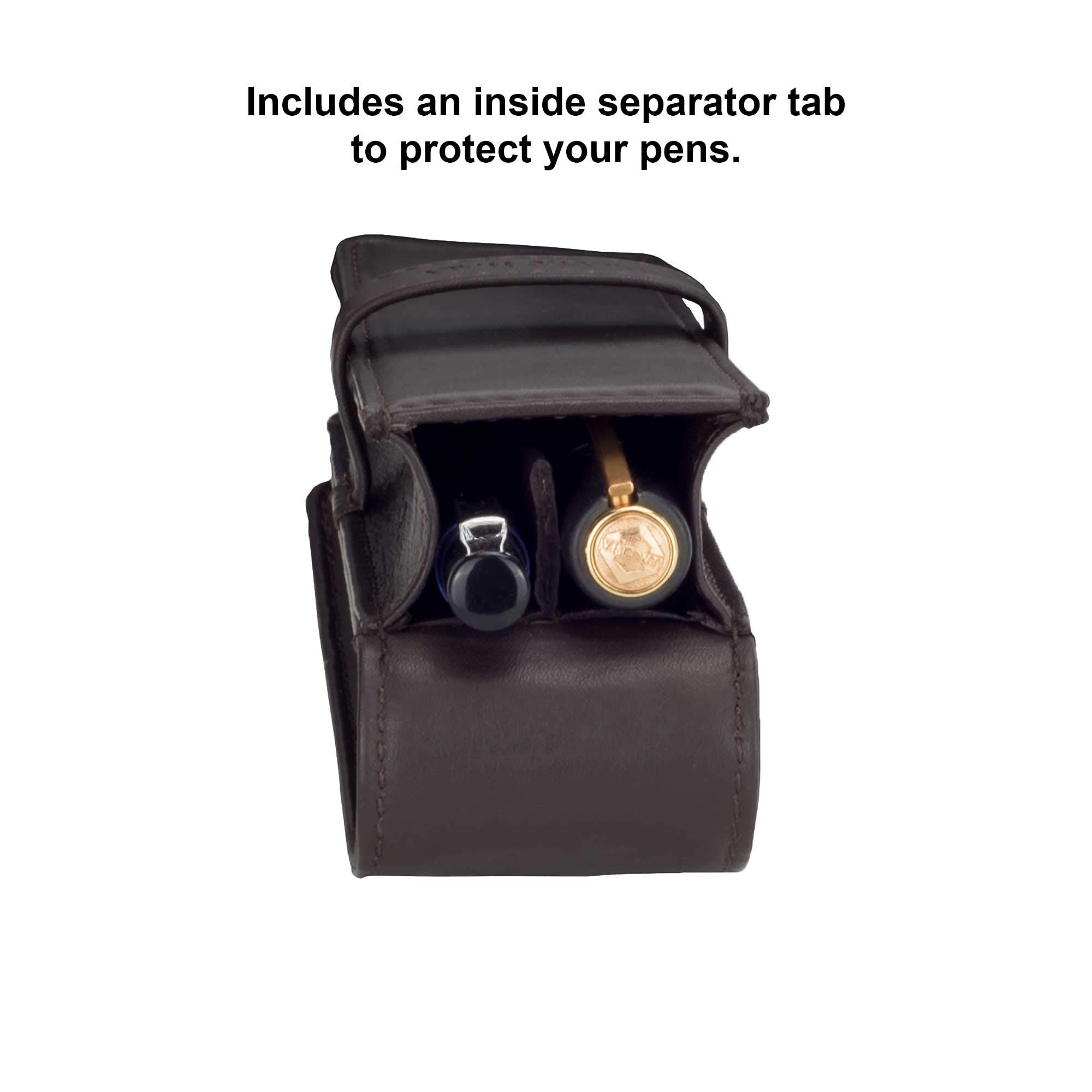 Premium Leather Double Pen Case - Holder for 2 Fountain, Ballpoint & Rollerball Pens - Dark Brown (Espresso) - Perfect for Office, School & Travel Organization