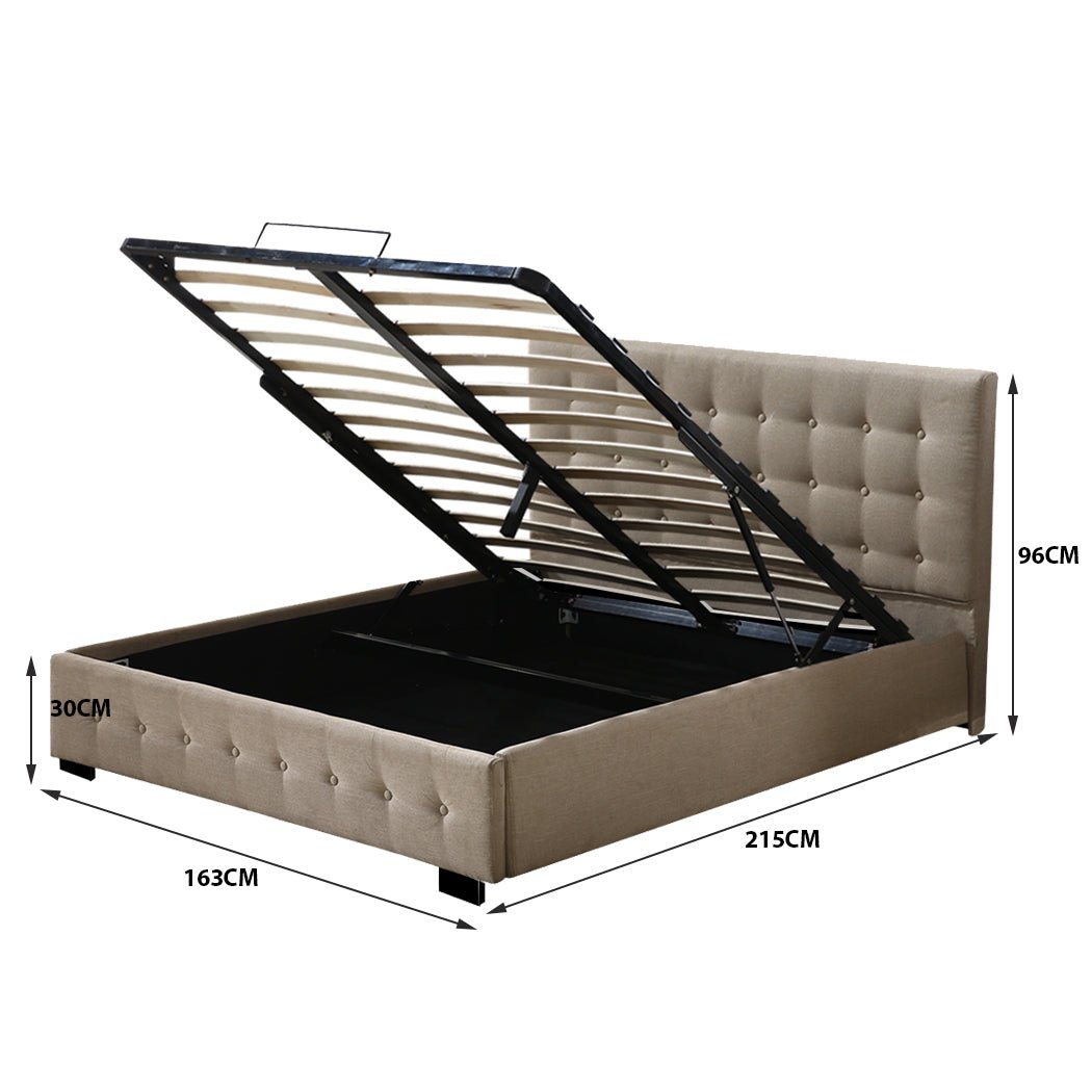 Queen Size Gas Lift Storage Bed Frame with Hydraulic Mechanism - Beige Upholstered Platform Bed for Spacious Bedroom Organization