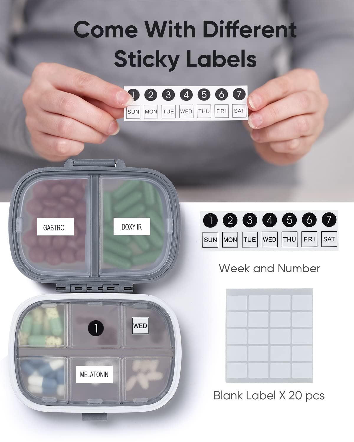 Holii 8-Compartment Travel Pill Organizer - Portable Daily Pill Case for Vitamins & Medication - Compact Medicine Container for Purse, Pocket & On-The-Go Use (Gray) | Perfect for Travel, Work & Daily Health Routine