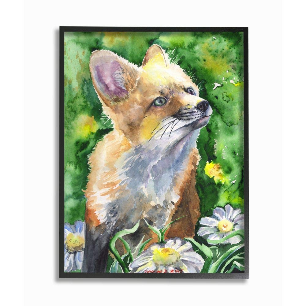 Stupell Industries Cute Fox Animal Orange Green Watercolor Painting - Wall Art Decor for Nursery, Living Room & Office