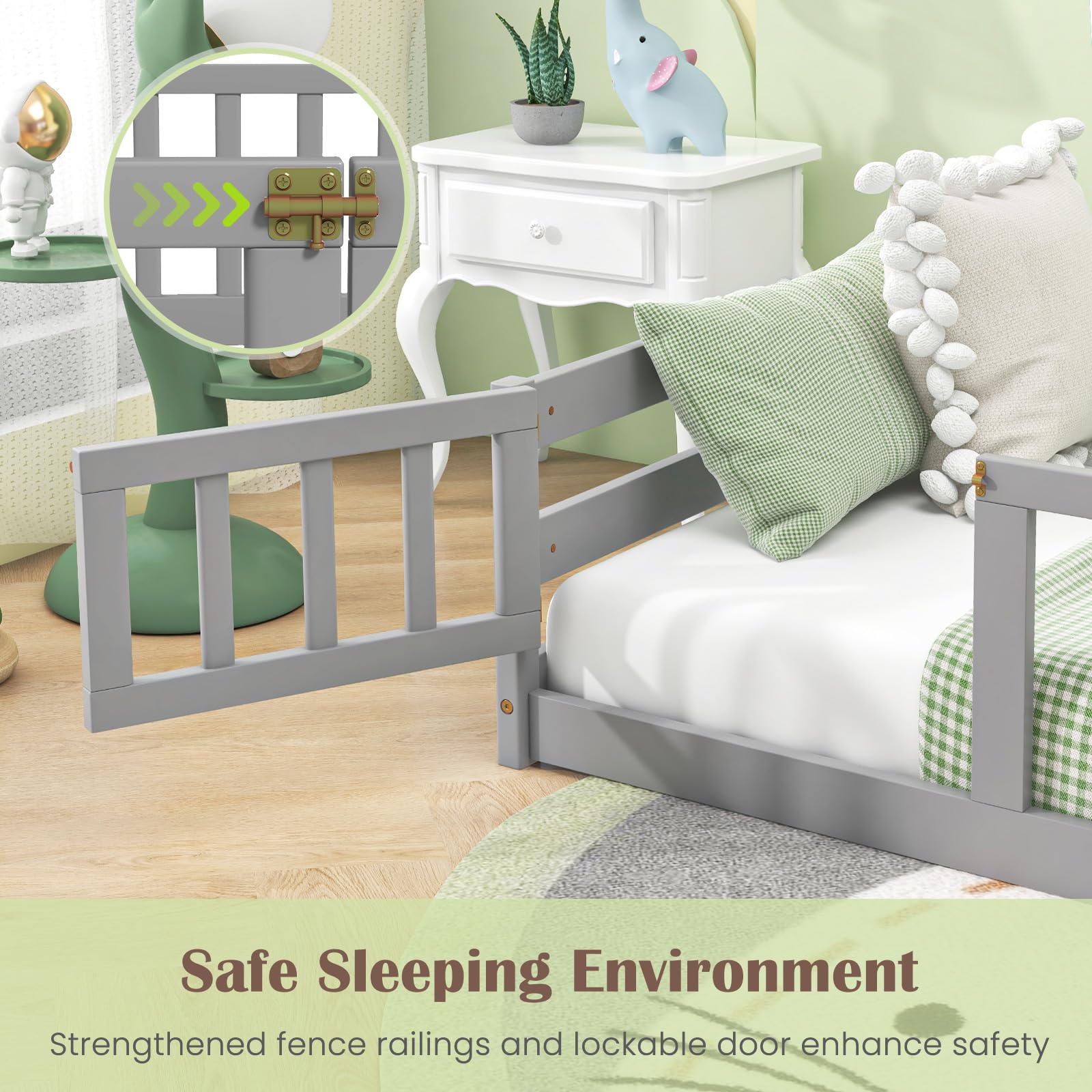 Giantex Twin Floor Bed with Door & Safety Fence - Wooden Montessori Bed for Kids, Boys & Girls - No Box Spring Needed - Sturdy Frame with Guardrails - Grey - Perfect for Montessori Rooms, Daycare & Kids' Bedrooms