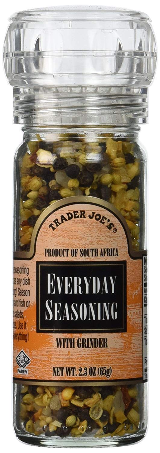 Trader Joe's Everyday Seasoning with Built-in Grinder - Sea Salt, Mustard Seeds, Black Peppercorns, Coriander, Onion, Garlic, Paprika & Chili Pepper (2.3oz, Pack of 4) | Perfect for Grilling, Roasting, Salads & Everyday Cooking