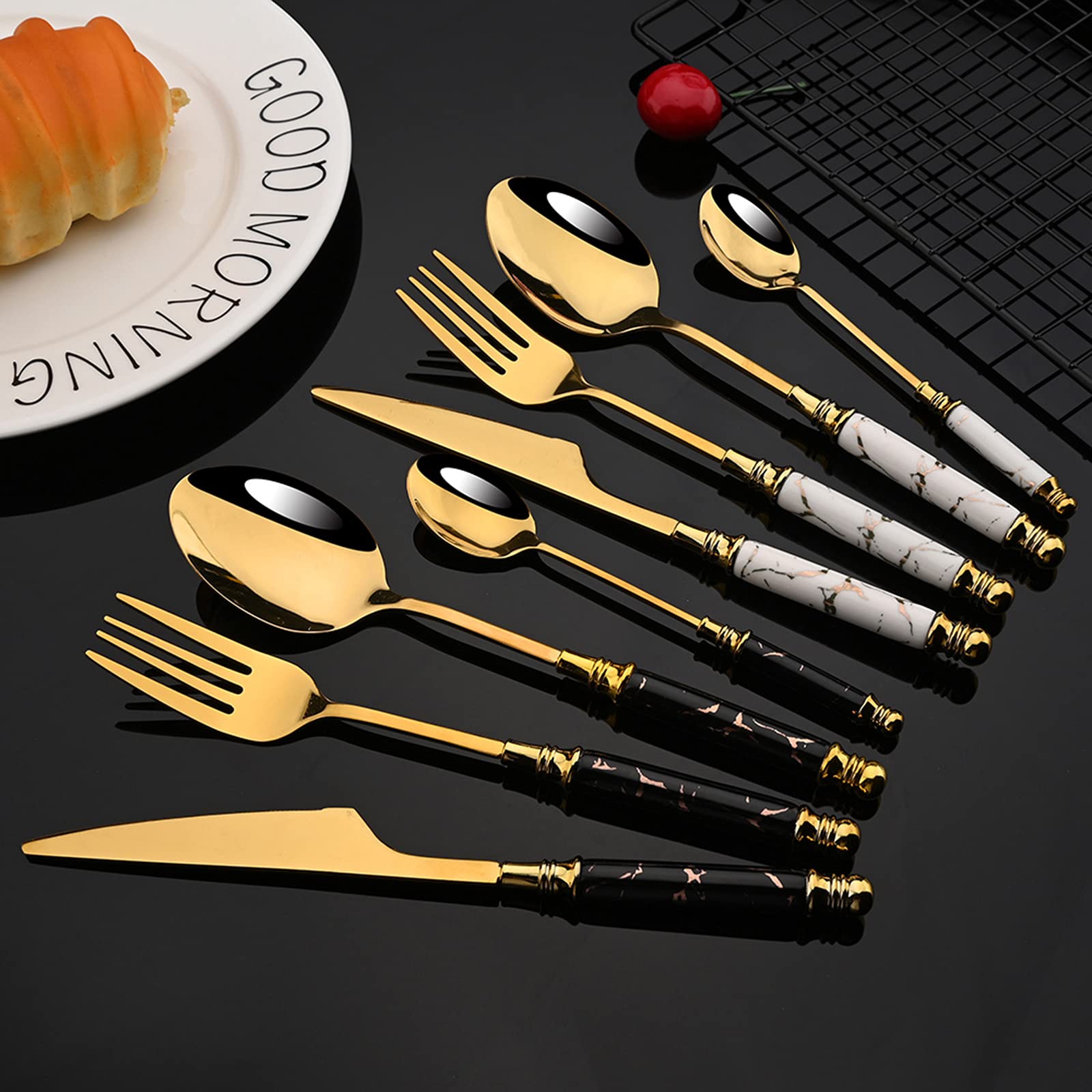 Premium 24-Piece Stainless Steel Flatware Set with Marble Texture & Mirror Polish - Elegant Cutlery Set for Kitchen, Dining, and Gifts (Black) | Perfect for Home Entertaining, Weddings, and Dinner Parties
