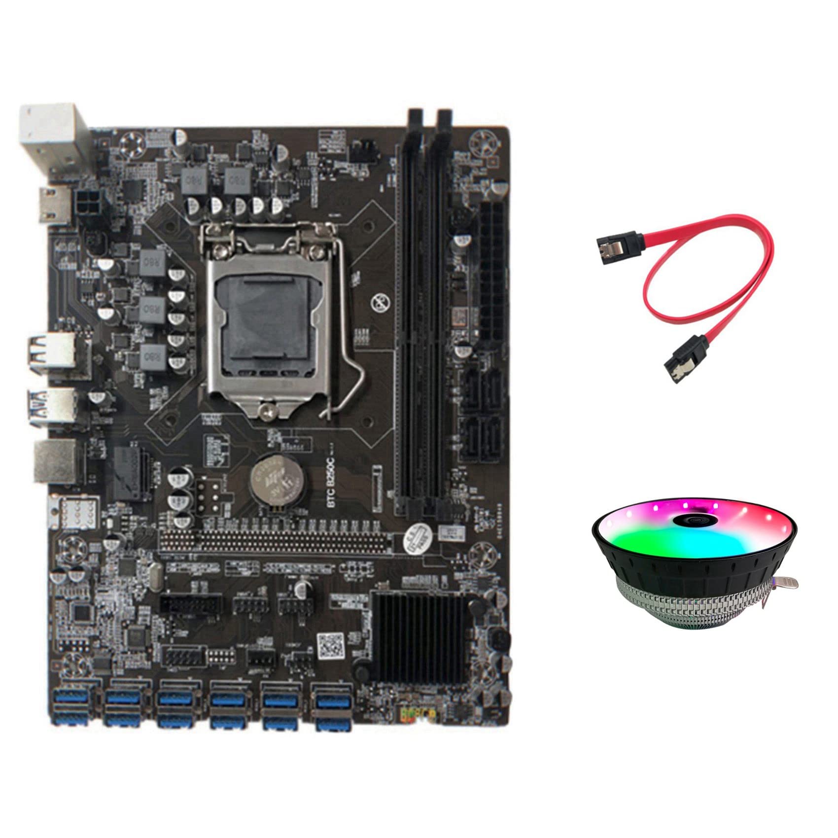 Hsjia BTC B250C Mining Motherboard with RGB Cooling Fan & SATA Cable - 12 PCIE to USB 3.0 GPU Slots, LGA1151 Socket, DDR4 Support - Perfect for Cryptocurrency Mining Rigs & High-Performance PC Builds