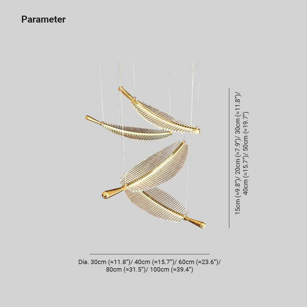 Feather Shaped Gold LED Pendant Light - Modern Glass Chandelier for Dining Room, Bedroom, or Living Room Decor