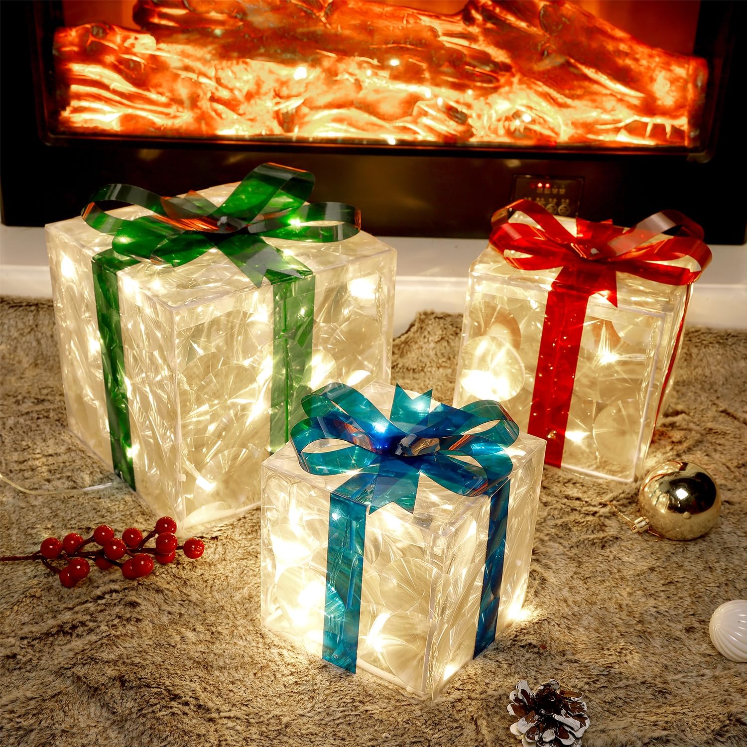 Set of 3 LED Lighted Gift Boxes - 60 Transparent Christmas Decorations for Home, Party & Holiday Display - Perfect for Tree Toppers, Table Centerpieces & Festive Gift Wrapping