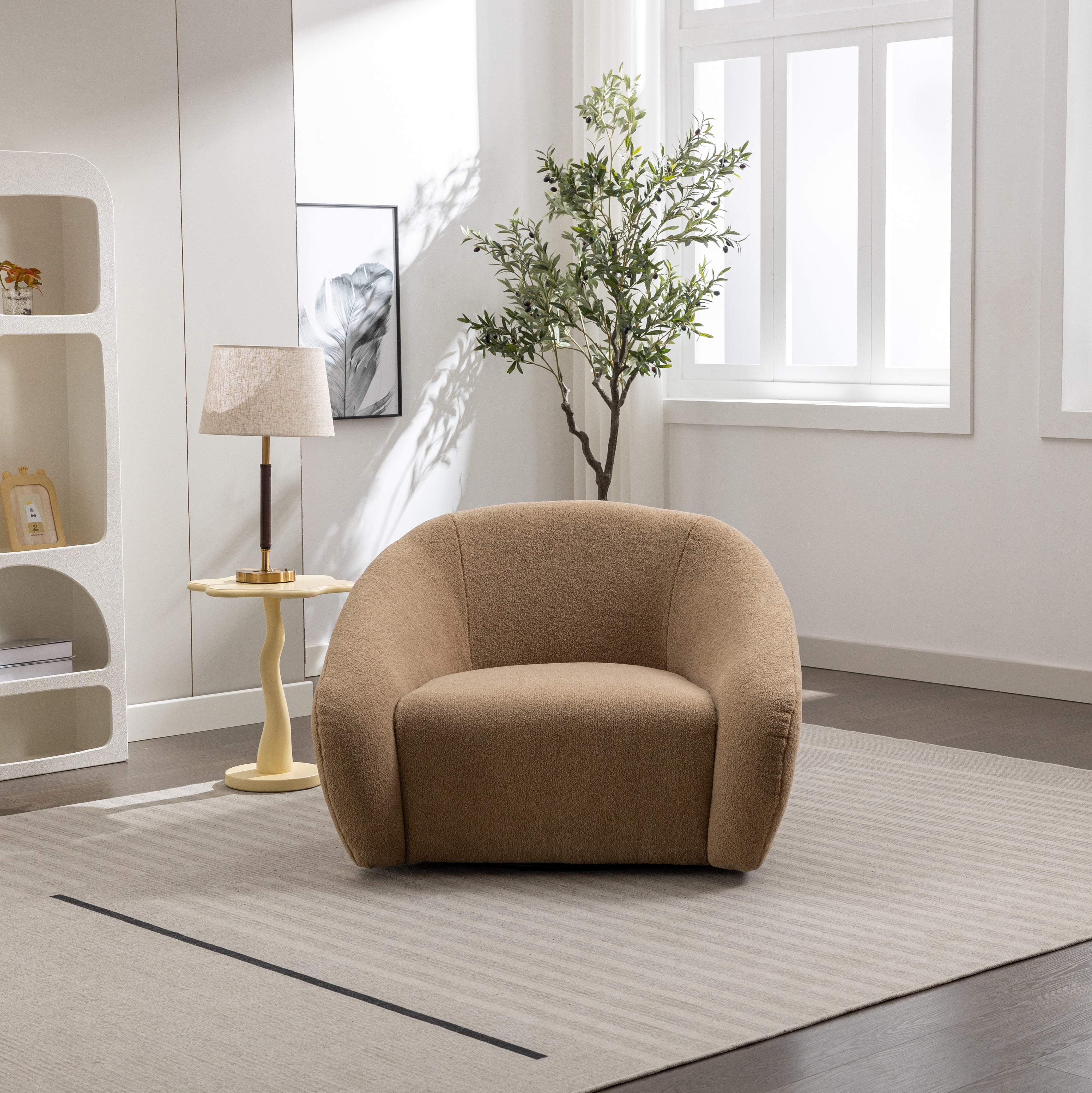 Roundhill Furniture Luzern Modern Boucle Upholstered Accent Chair - 360° Swivel Lounge Chair for Living Room, Bedroom & Office - Soft Fabric Contemporary Seating with Rotating Base