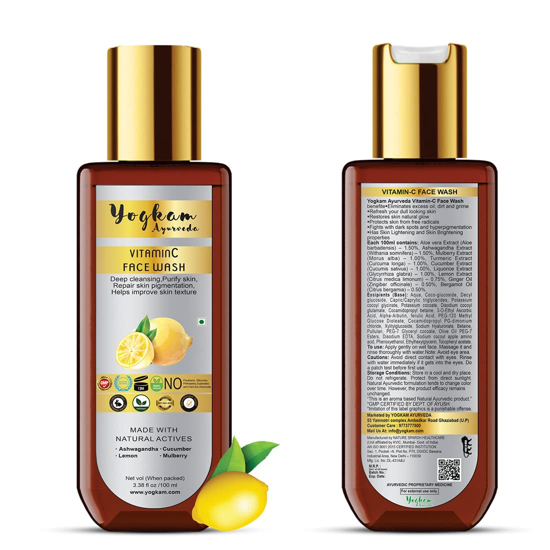 YogKam Ayurveda Vitamin C Face Wash for Glowing Skin - 100ml | Brightening & Anti-Aging Cleanser | Perfect for Daily Skincare Routine & Acne-Prone Skin