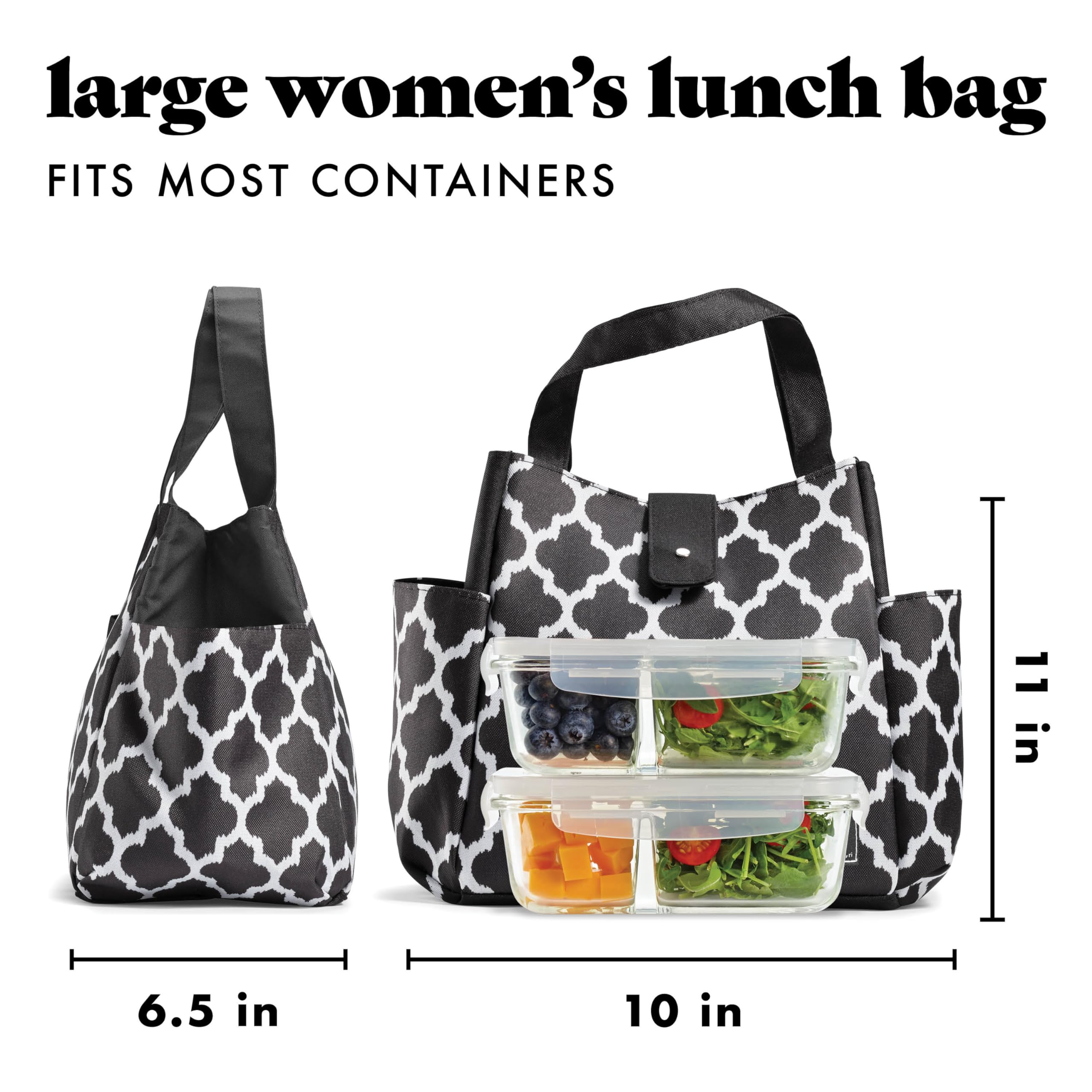 Fit & Fresh Insulated Lunch Bag for Women - Leakproof, Stain-Resistant Large Lunch Box with Containers & Matching Tumbler - Perfect for Work, Office, School & Picnics - Westport Bag in Black/White
