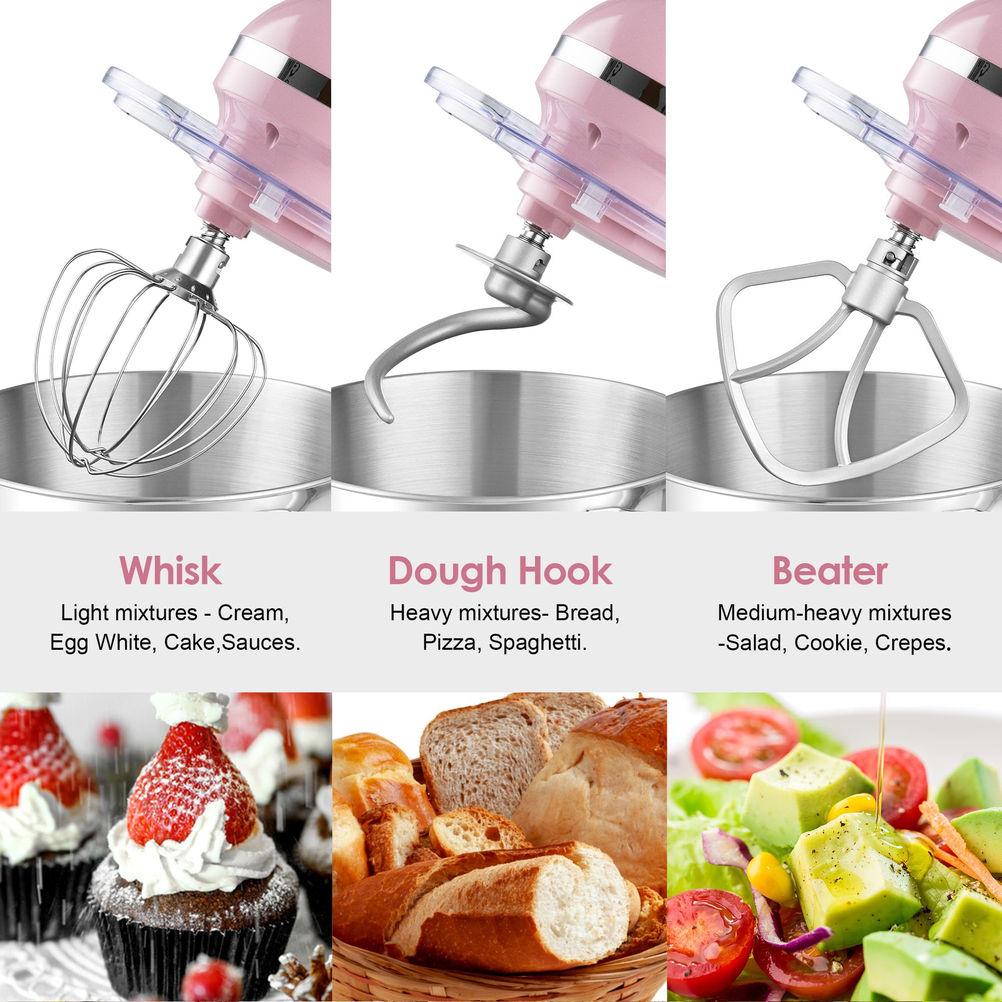 Aucma 6.5-QT 660W Stand Mixer - 6-Speed Tilt-Head Electric Kitchen Mixer with Dough Hook, Wire Whip & Beater (Pink) | Perfect for Baking Cakes, Cookies, Bread & More
