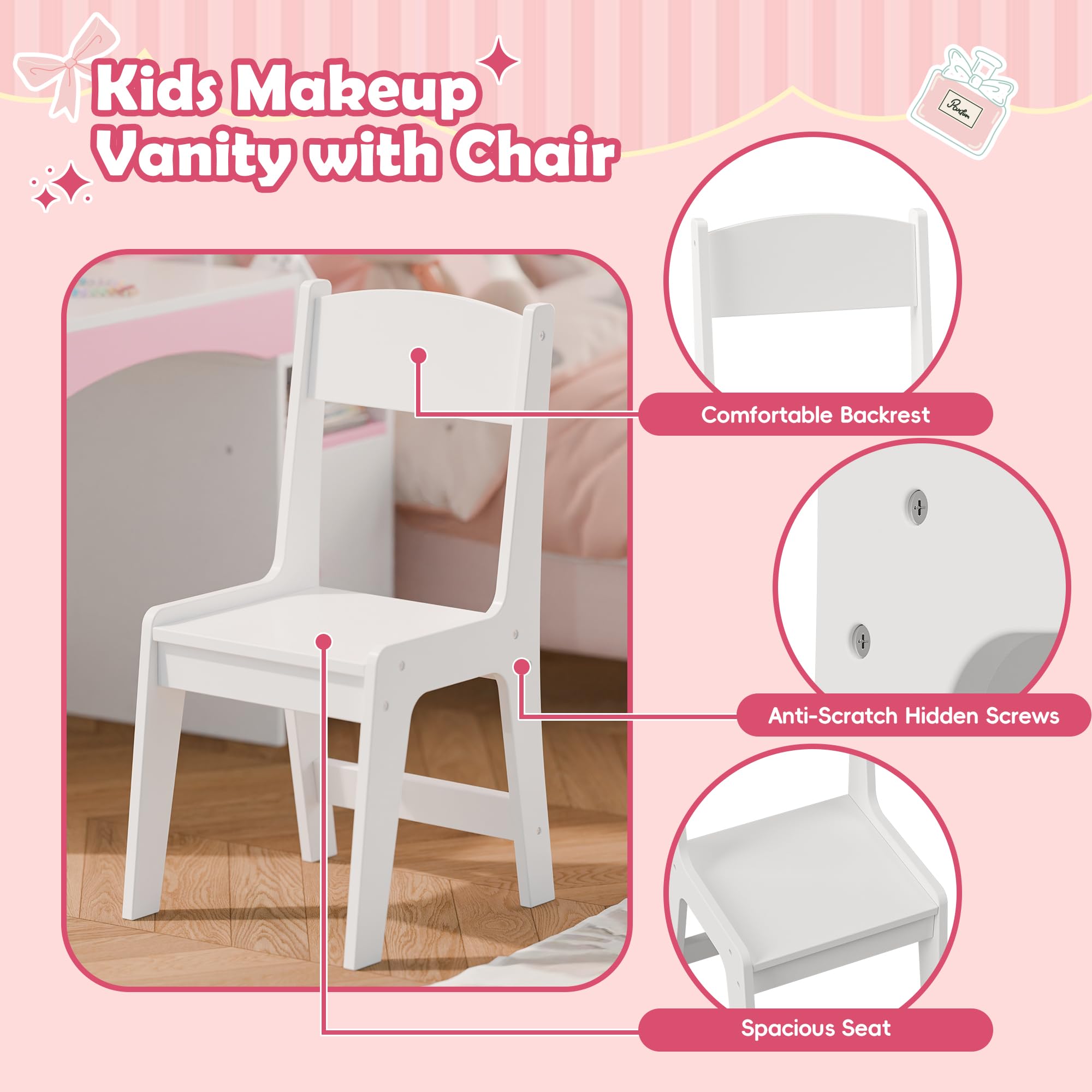 MU Kids Vanity with Lights - Princess Makeup Vanity Desk with Open Bookshelf, Storage Cabinet & Shelves, 2-in-1 Toddler Vanity Table & Chair Set with Lighted Mirror for Little Girls (White) - Perfect for Bedroom Decor, Birthday Gifts & Pretend Play