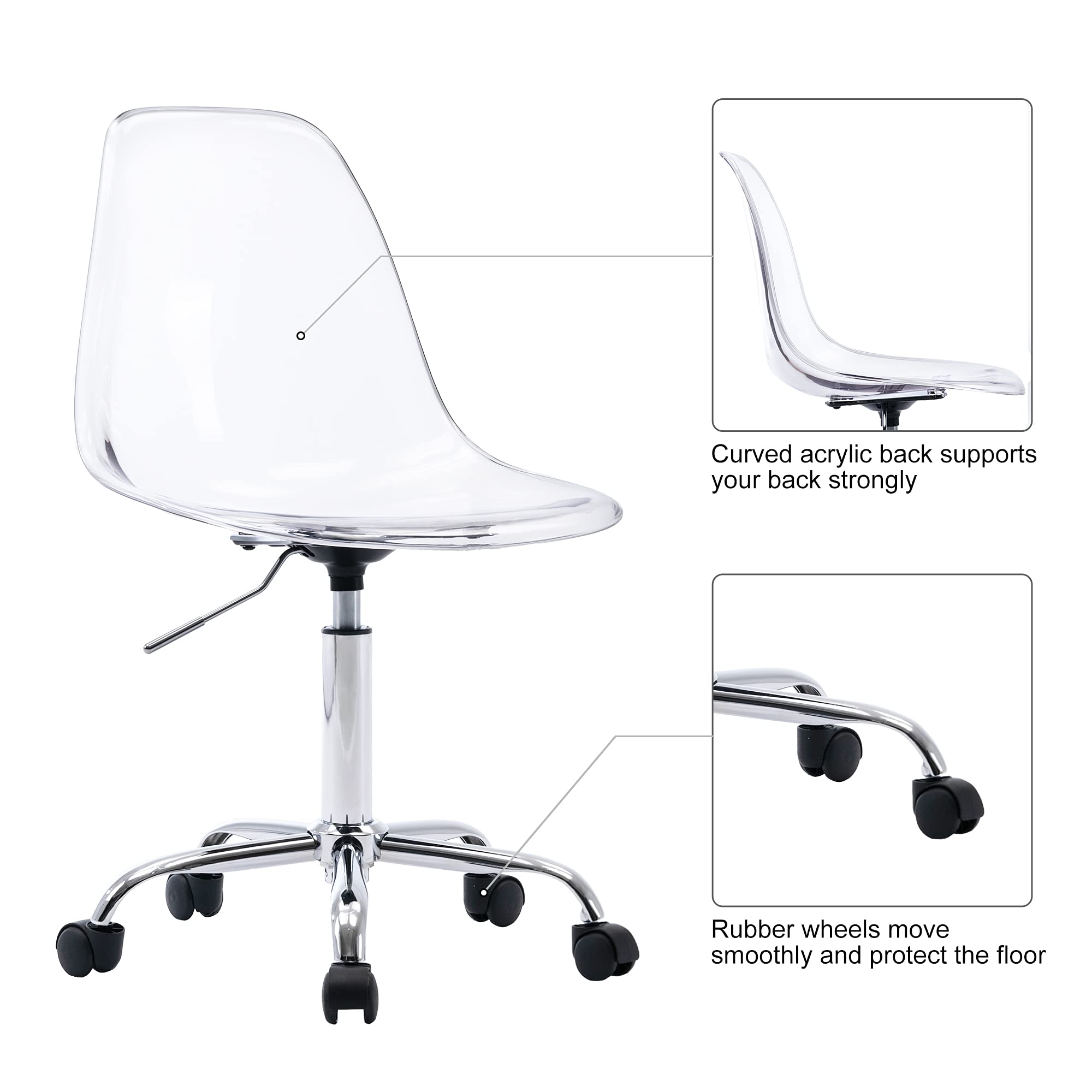Acrylic Clear Desk Chair - Rolling Armless Swivel Height Adjustable Office Chair with Wheels | Modern Ghost Molded Plastic Design for Home Office, Vanity & Workspace