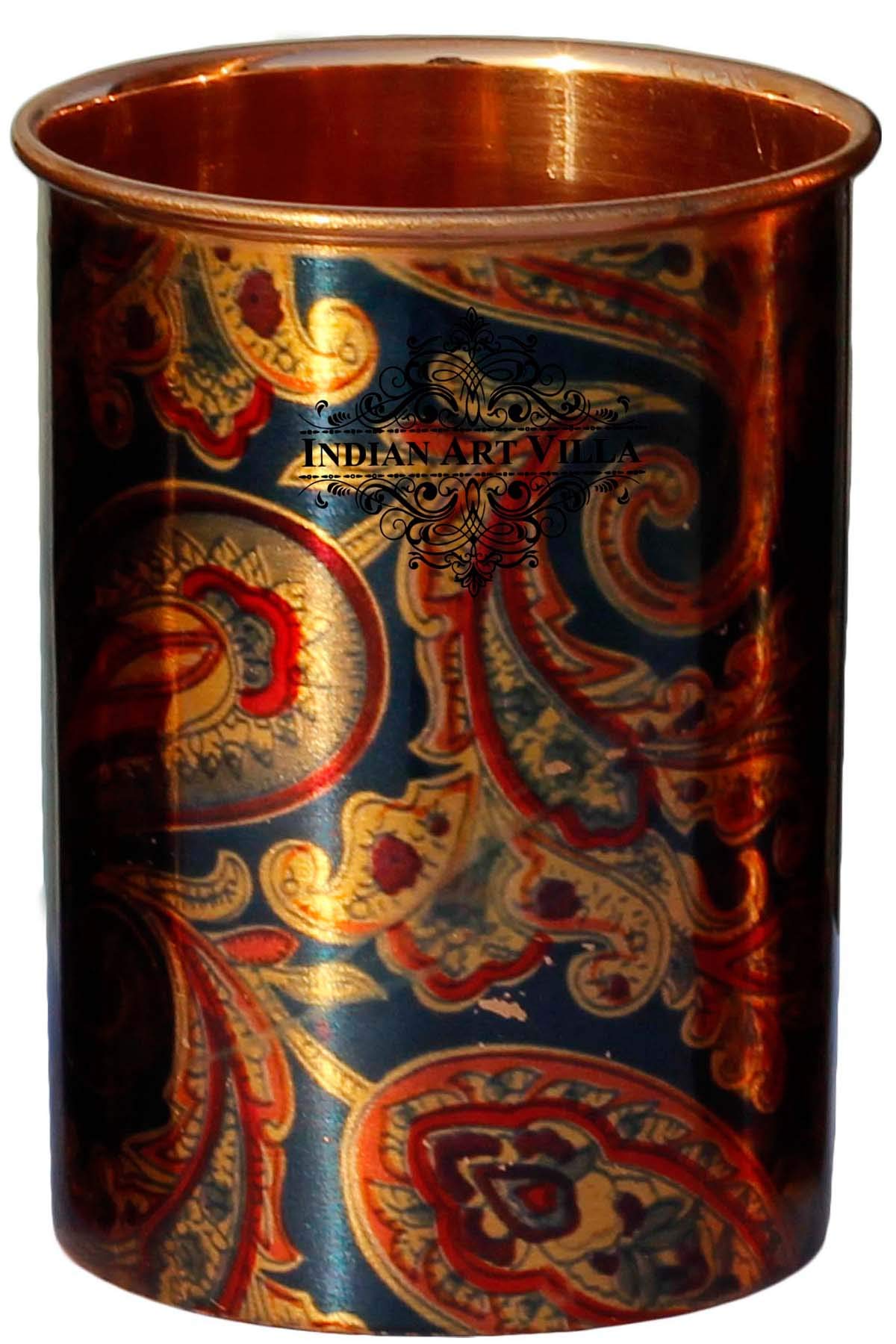 Premium Indian Art Villa Blue Printed Pure Copper Water Jug & Glass Set - 50 Oz Jug & 10 Oz Glasses (7-Piece) for Home Decor, Traditional Serving & Gift Giving