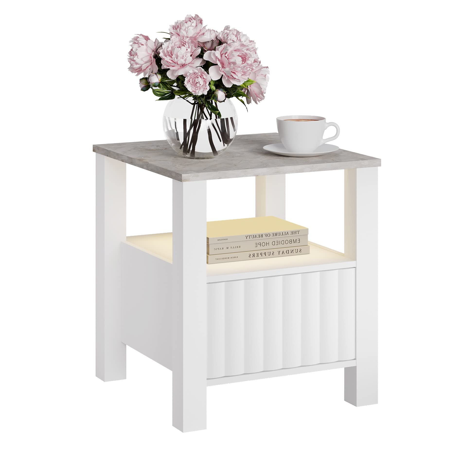 WAMPAT White End Table with Storage Cabinet & Open Shelf, Wood Nightstand with Faux Marble Tabletop & LED Light - Perfect for Living Room, Bedroom & Small Spaces (White/Grey) | Modern Side Table for Home Decor, Apartment Essentials & Cozy Lighting