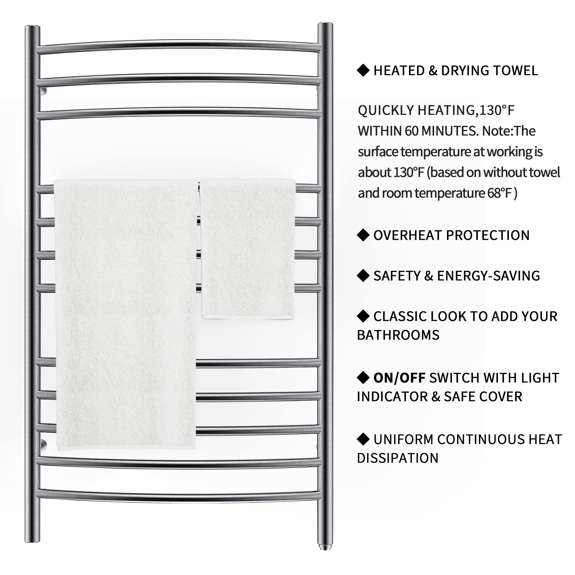 HEATGENE Electric Towel Warmer - Wall Mounted Heated Towel Rack with Plug-in/Hardwired Options, Brushed Stainless Steel - Perfect for Bathrooms, Spas & Luxury Home Use