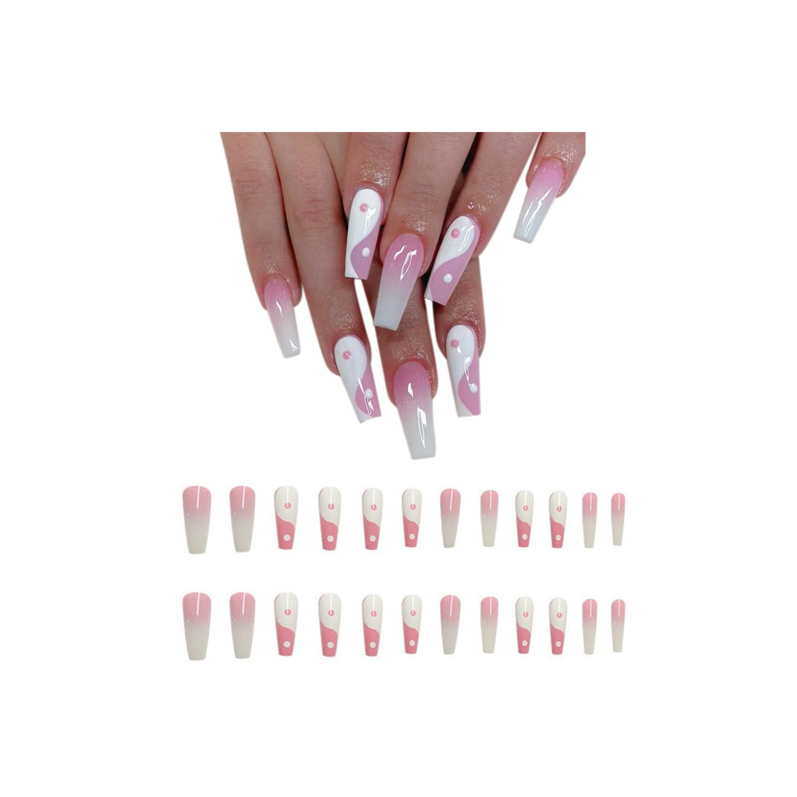 24pcs Long Press On Nails - Glossy Nude Pink with Elegant Designs, French Ballerina Coffin Fake Nails for Manicure | Perfect for Parties, Weddings & Everyday Wear