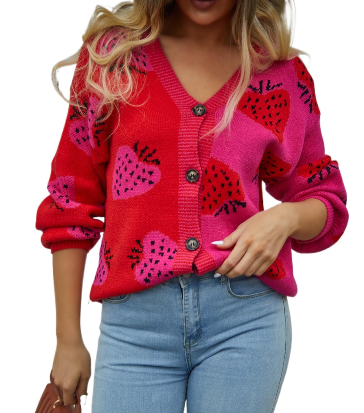 Trendy Women's Strawberry Graphic Cardigan Sweater - Y2K Aesthetic Button Down Knit Jacket with Color Block Design | Perfect for Casual Outfits, College Campus Style & Preppy Fashion