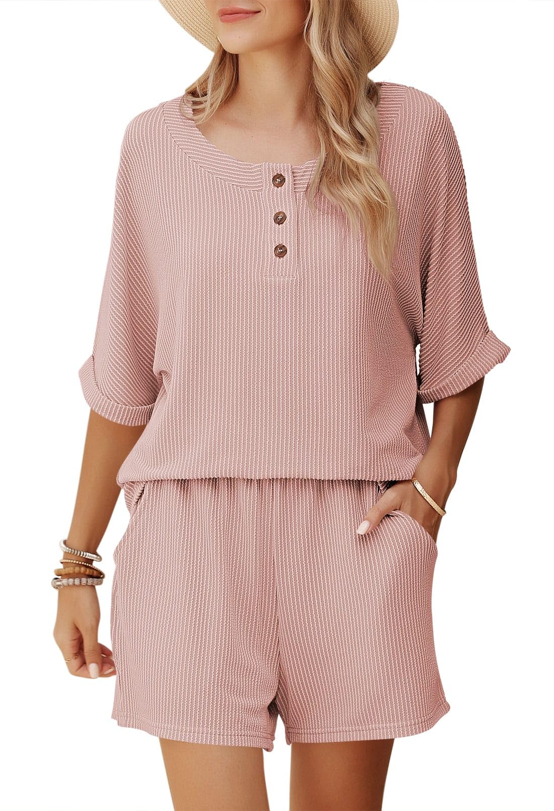 Pink Queen Women's 2-Piece Lounge Set - Soft Short Sleeve Pajama Set with Button Top & Comfortable Pants - Cozy Loungewear for Home, Travel & Casual Outings