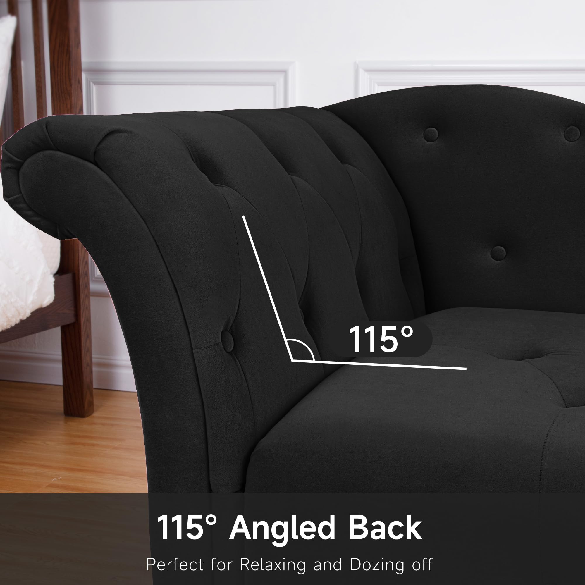 Modern Velvet Upholstered Lounge Chair with Left Armrest - Button Tufted Chaise Sofa for Bedroom, Living Room & Office - Black | Comfortable Seating for Relaxation, Reading & Home Decor