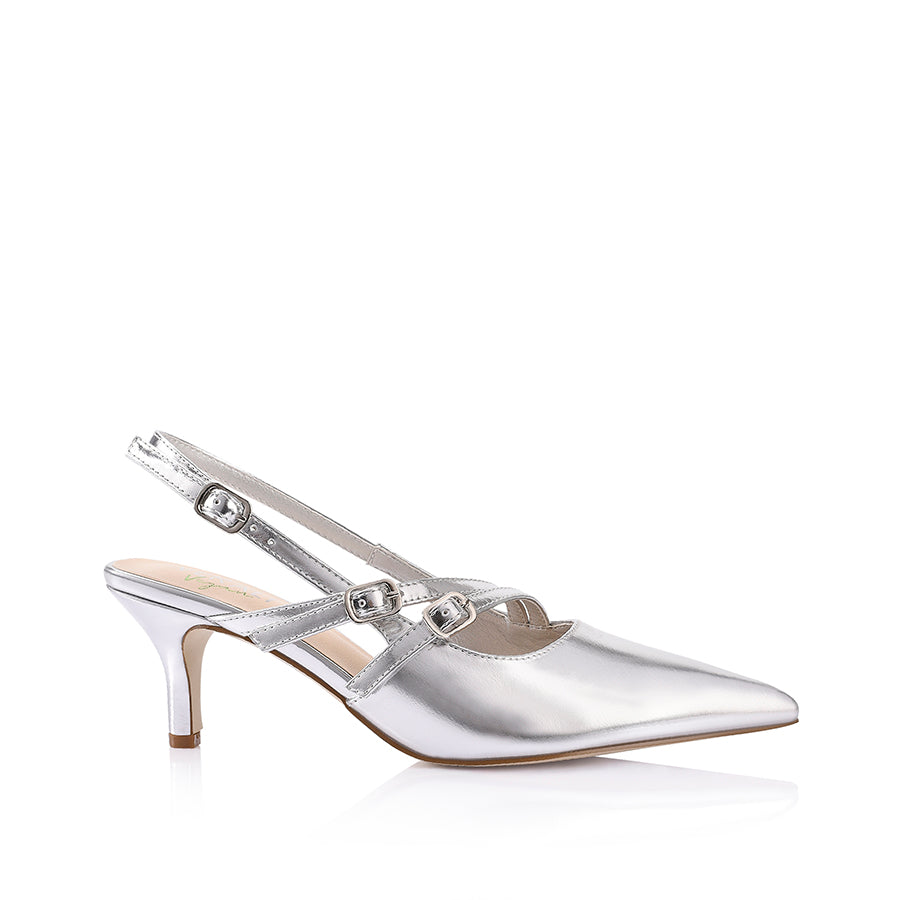 Zedd Pointed Toe Kitten Heels - Silver Metallic Women's Dress Pumps for Work, Party & Special Occasions