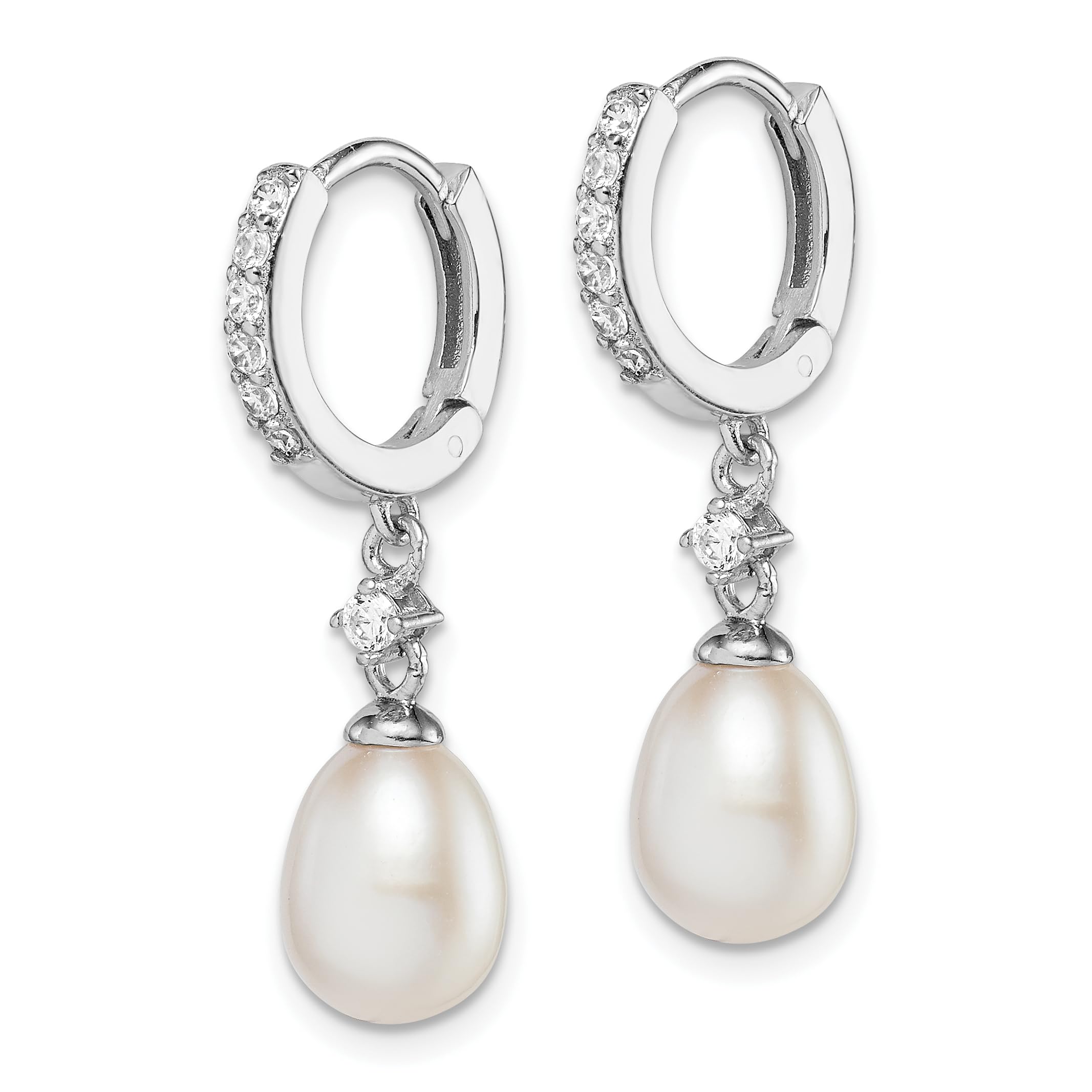 7-8mm Sterling Silver Rhod-plat Rice Pearl & CZ Hoop Dangle Earrings for Women | Elegant Fashion Jewelry for Parties, Weddings & Daily Wear