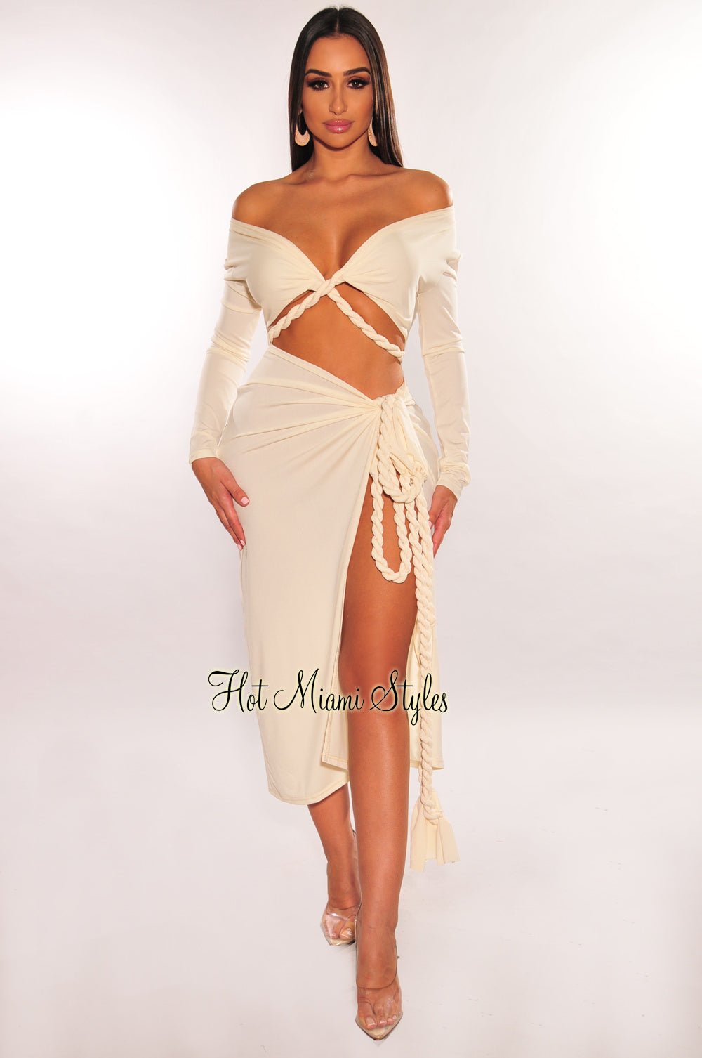 Women's Cream Long Sleeve Wrap Top & Twist Rope Skirt Two Piece Set - Elegant Outfit for Date Night, Party or Special Occasions