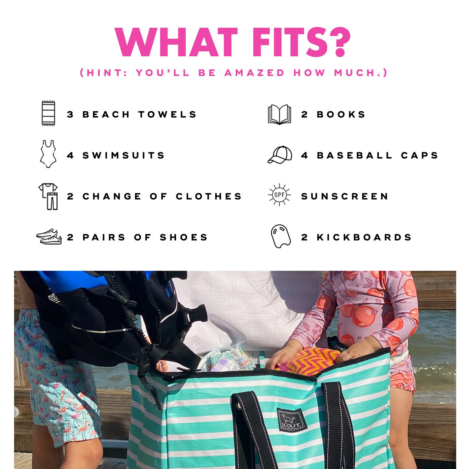SCOUT 3 Girls' Extra Large Sandproof Utility Tote with Zipper Closure - Durable Beach Bag, Pool Tote & Travel Organizer for Kids | Perfect for Summer Vacations, Swim Lessons & Family Outings